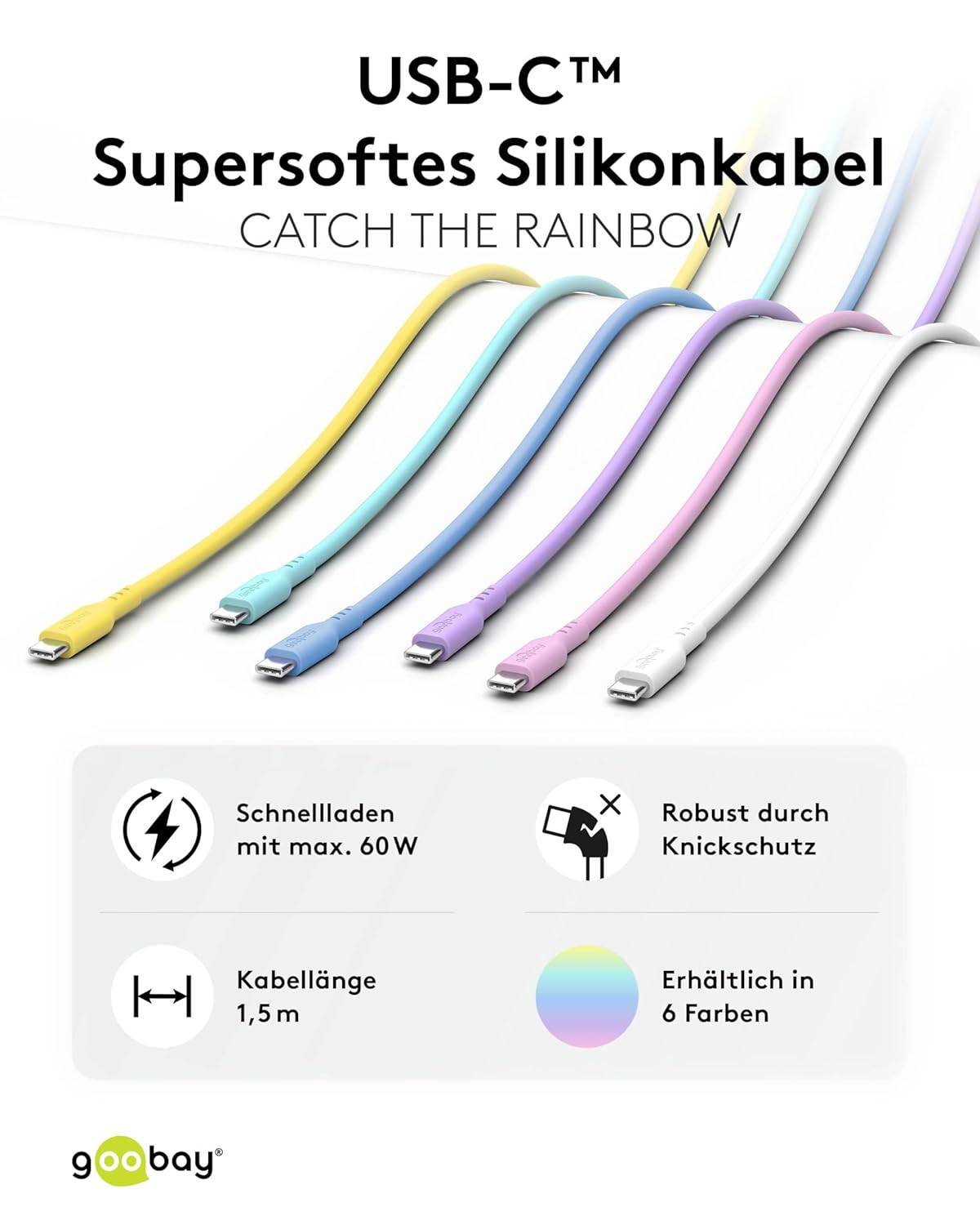 Goobay 77743 USB C auf USB C Ladekabel 60W / Silikonkabel 480 Mbits / USB 2.0 Typ C Adapterkabel / Weiß / 1.5m-1