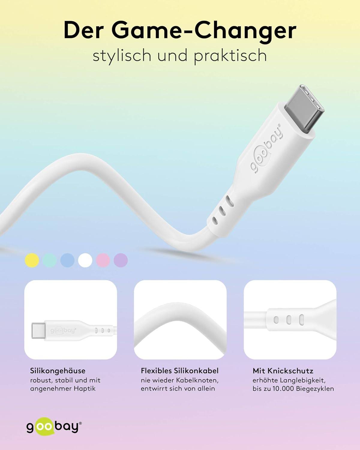 Goobay 77743 USB C auf USB C Ladekabel 60W / Silikonkabel 480 Mbits / USB 2.0 Typ C Adapterkabel / Weiß / 1.5m-2