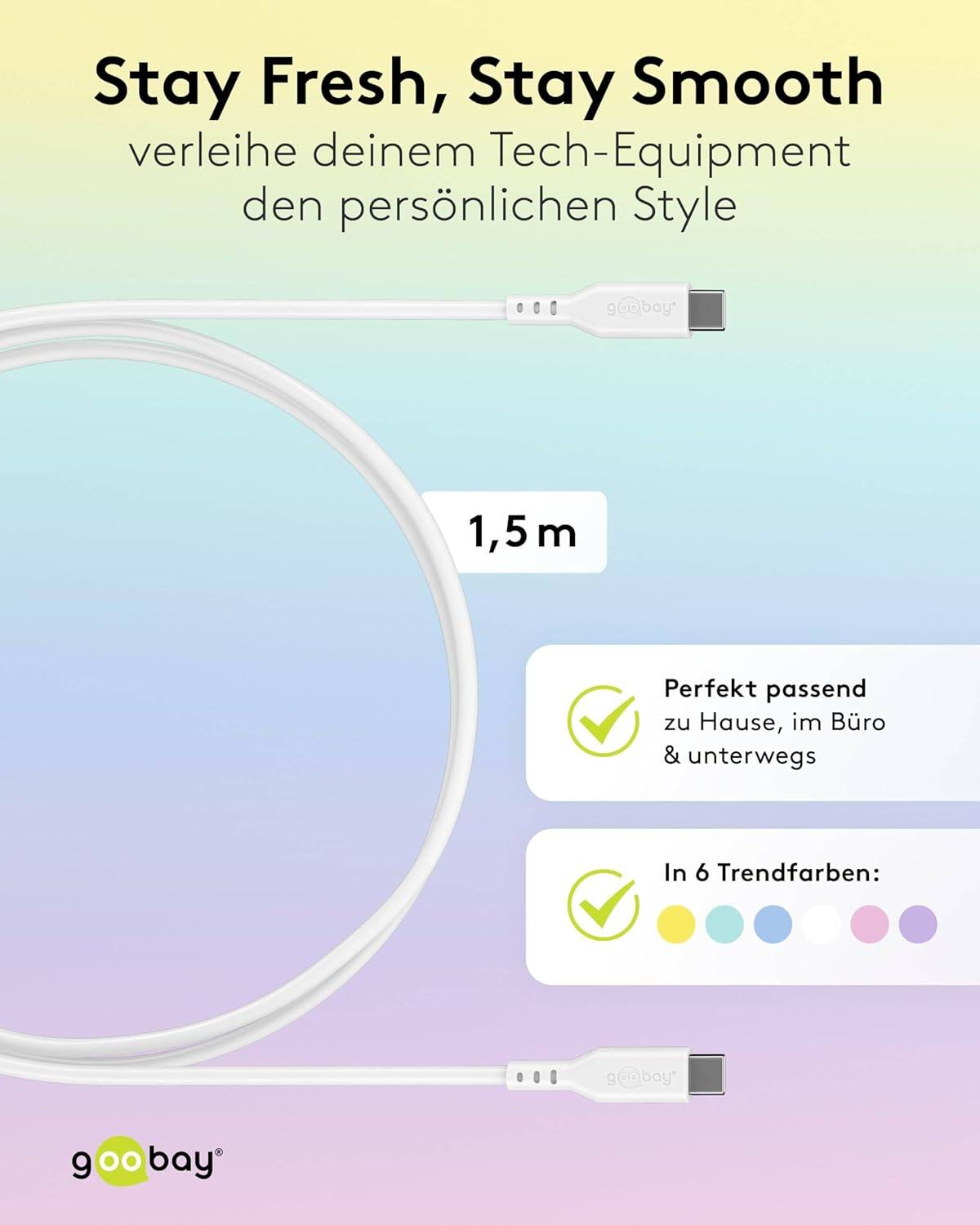 Goobay 77743 USB C auf USB C Ladekabel 60W / Silikonkabel 480 Mbits / USB 2.0 Typ C Adapterkabel / Weiß / 1.5m-3