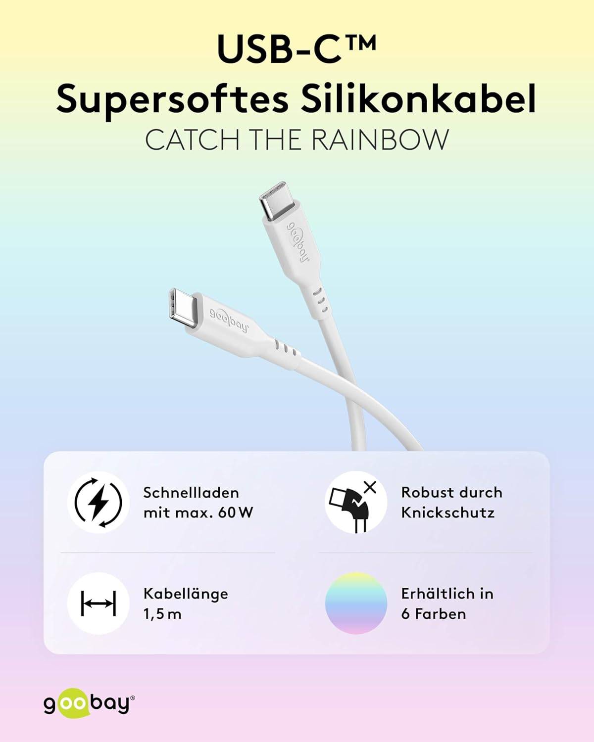 Goobay 77743 USB C auf USB C Ladekabel 60W / Silikonkabel 480 Mbits / USB 2.0 Typ C Adapterkabel / Weiß / 1.5m-4