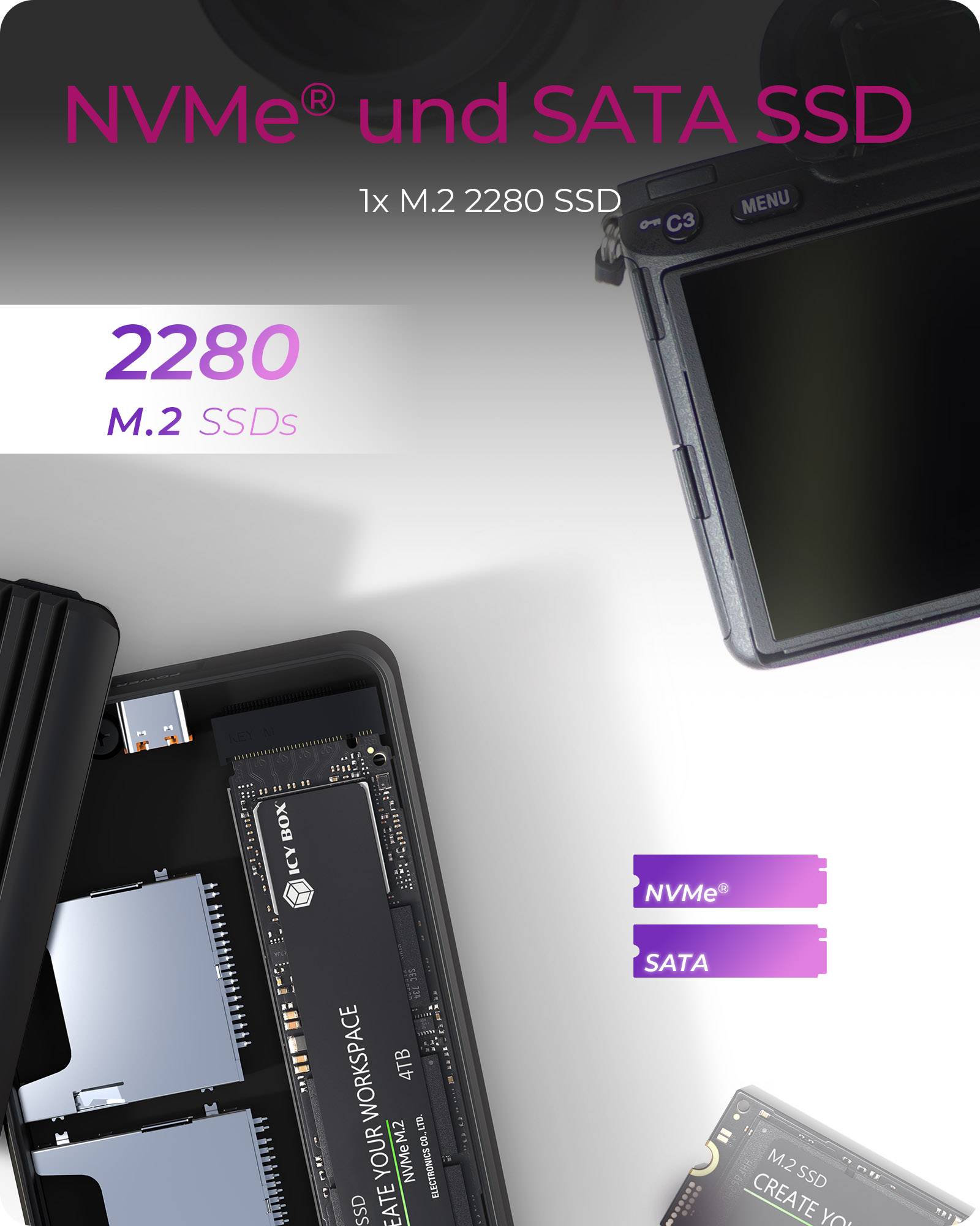 IB-CR602M-C31, M.2 NVMe/SATA SSD Gehäuse mit Kartenleser 2x SD 4.0, Host USB 3.2 Gen 2 Type-C+A 10 Gbit/s-2