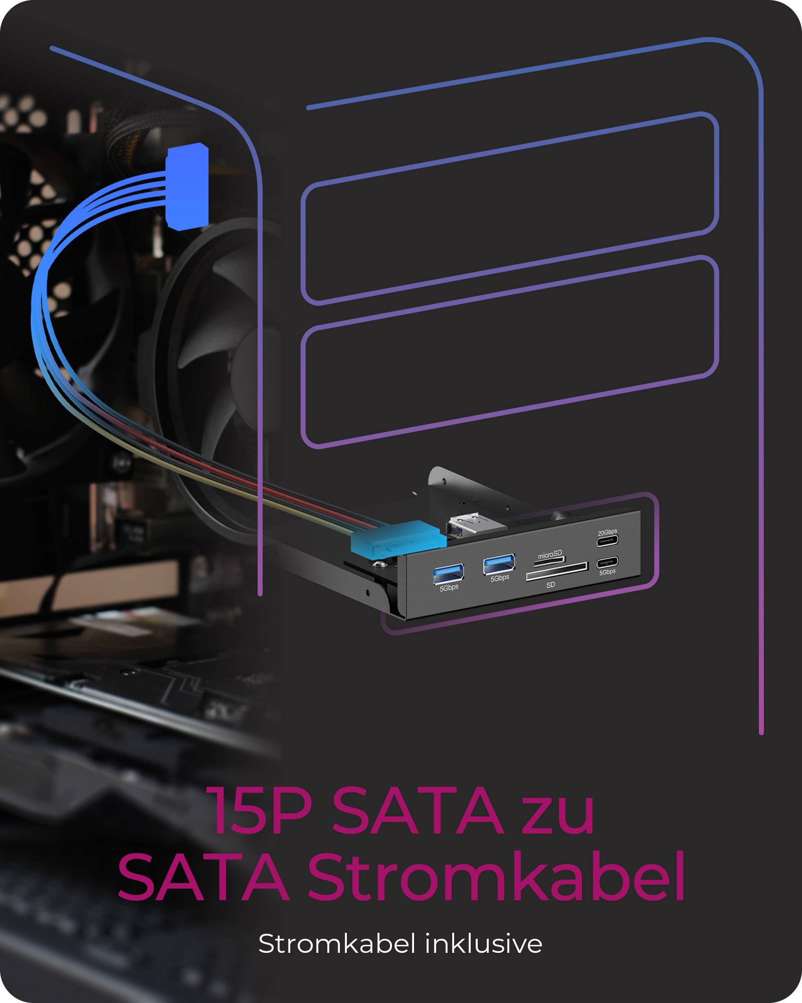 IB-HUB1419-i3, Frontpanel 3,5" USB Hub+Kartenleser, 2x USB-A, 1x USB-C,1x USB-C 20 Gbit/s, 1x SD und 1x microSD 3.0-3