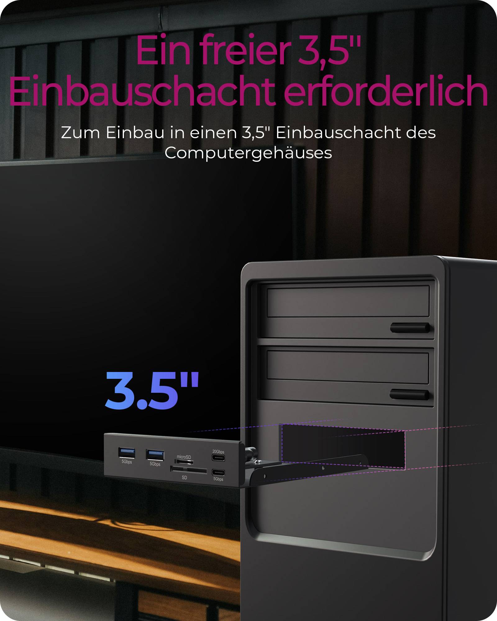 IB-HUB1419-i3, Frontpanel 3,5" USB Hub+Kartenleser, 2x USB-A, 1x USB-C,1x USB-C 20 Gbit/s, 1x SD und 1x microSD 3.0-4