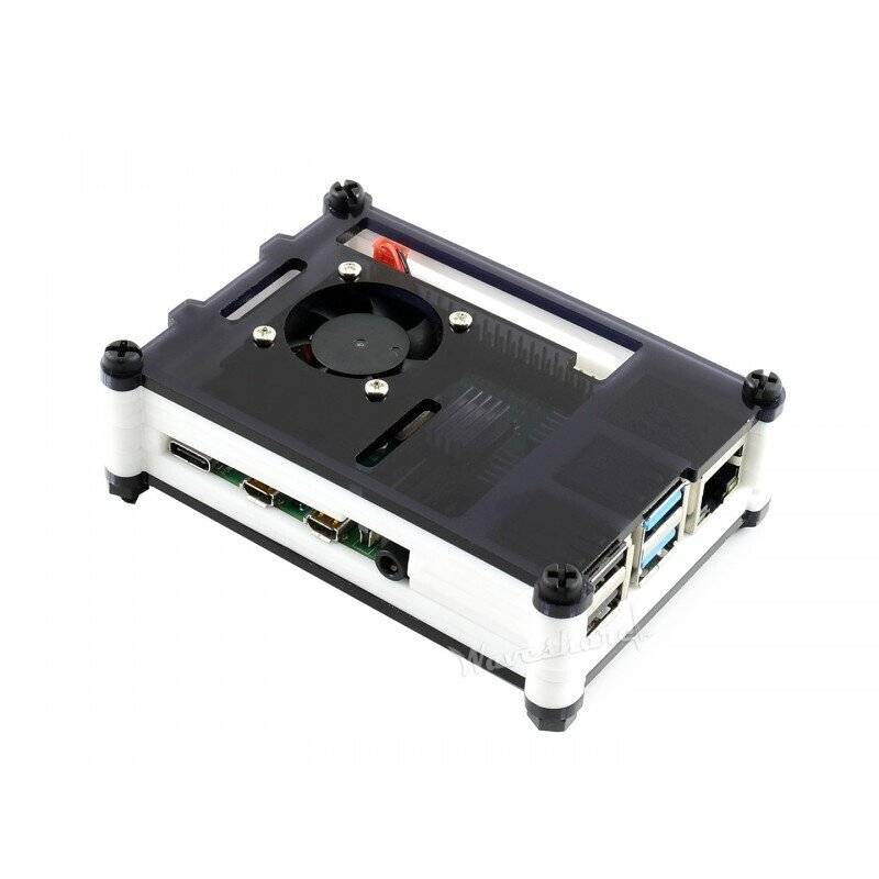 WaveShare Acrylic Case for Raspberry Pi 4 with Cooling Fan Black/White-0