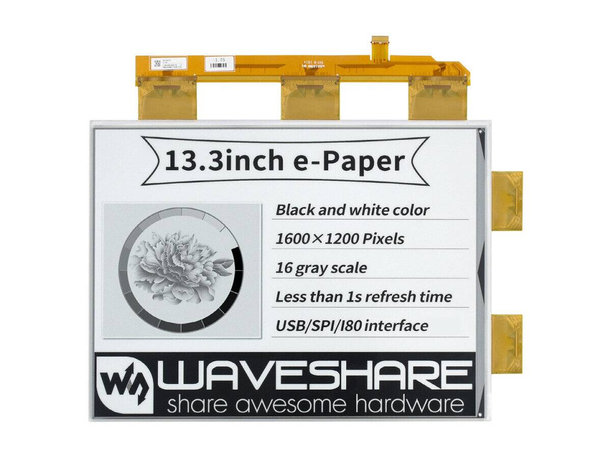 WaveShare 13.3inch e-Paper e-Ink Raw Display, 1600×1200, Black / White, 16 Grey Scales, Parallel-5