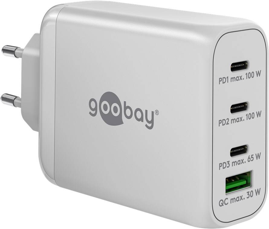 Goobay 65556 USB Netzteil 100W Charger PD & QC, 4 Port Universal Ladegerät, USB-C & USB-A Mini GaN Adapter, Weiß-0