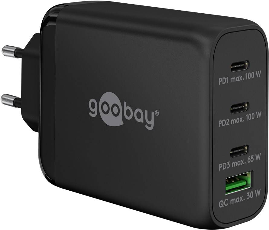 Goobay 65555 USB Netzteil 100W Charger PD & QC, 4 Port Universal Ladegerät, USB-C USB-A Mini GaN Adapter, Schwarz-0