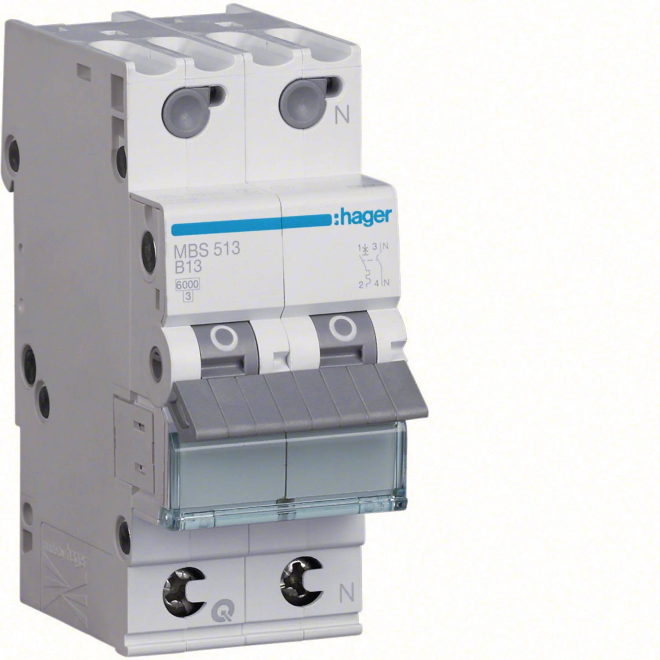 Hager LS-Schalter 1P+N 6kA B-13A Quick Connect 2 Module Hager MBS513, 1 Stk.-0