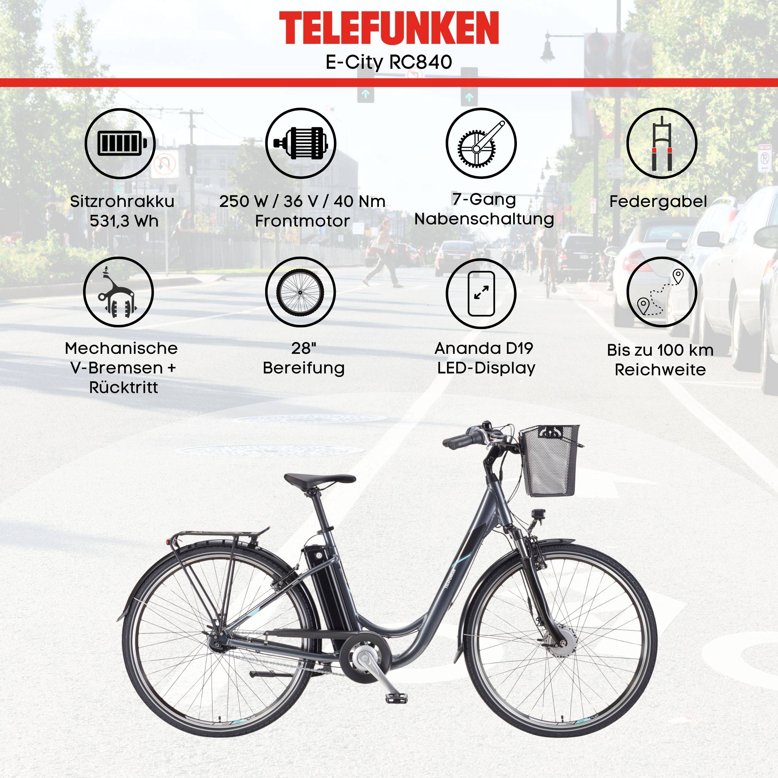 Telefunken E-Bike RC840 28 Zoll mit 7-Gang Shimano Nabenschaltung / Frontmotor 250W / Sitzrohrakku 531,3 Wh / anthrazit-2