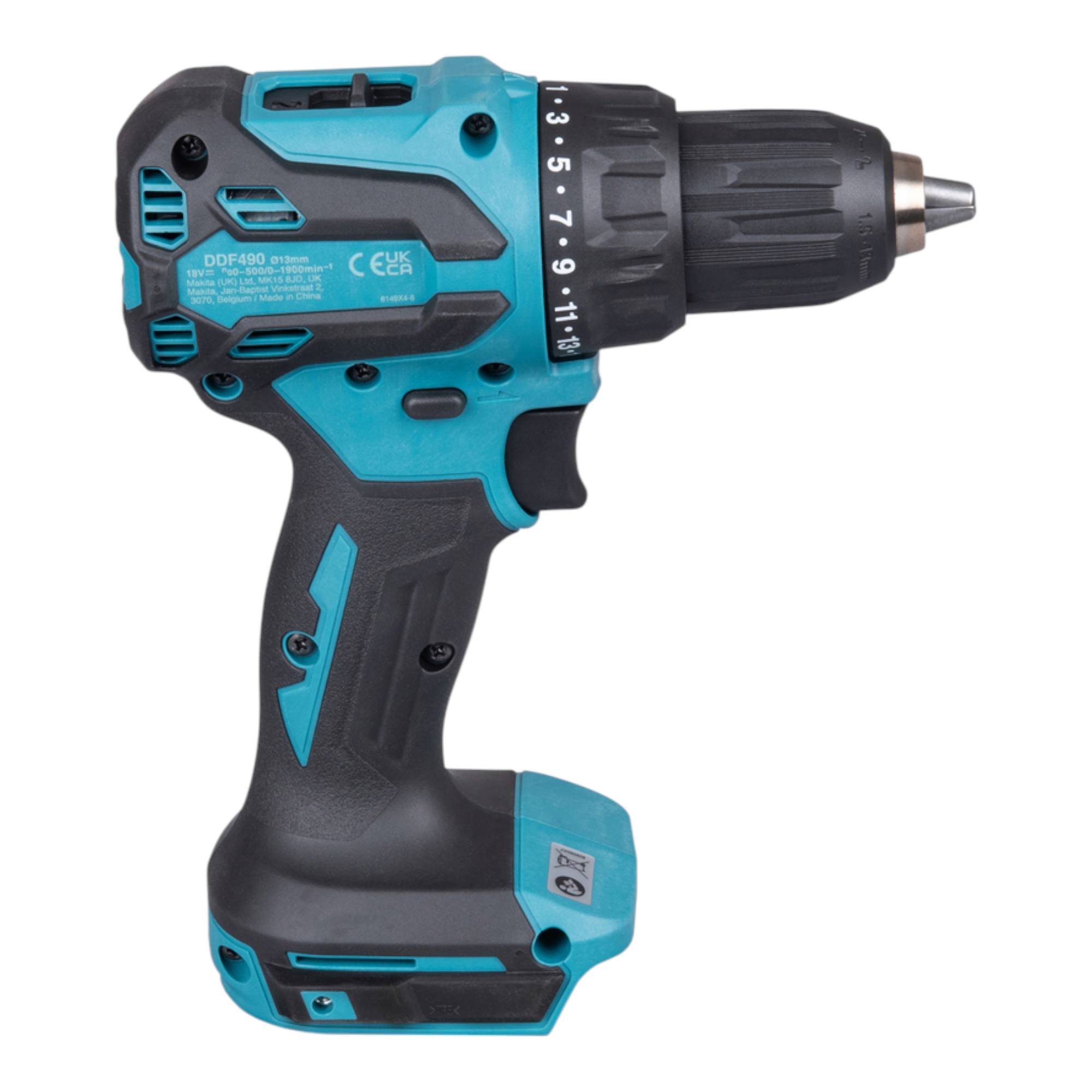 Makita DDF490Z, Handbohrmaschine, Ohne Schlüssel, Bürstenlos, Bohrer, Blau, Schwarz, 1,3 cm-3