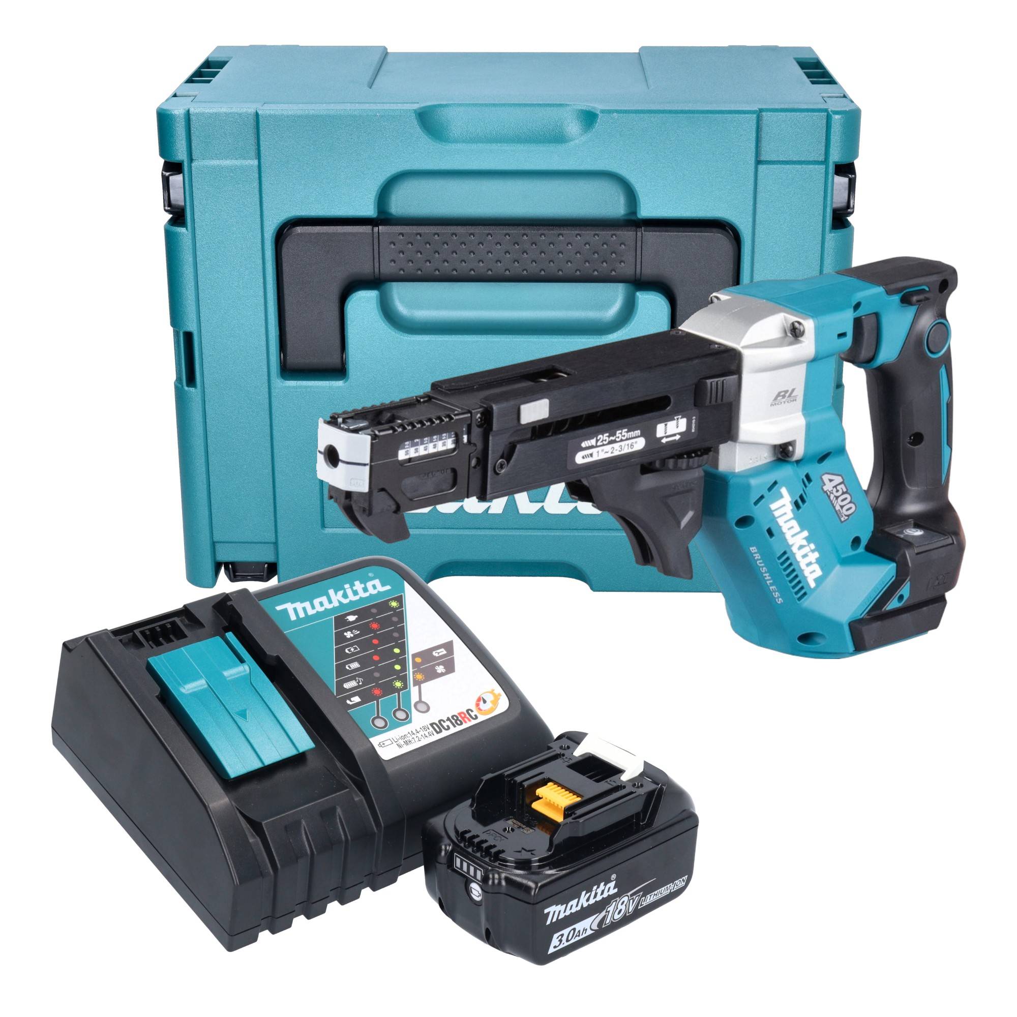 Makita DFR 552 RF1J Akku Magazinschrauber 18 V 25 - 55 mm Brushless + 1x Akku 3,0 Ah + Ladegerät + Makpac-0