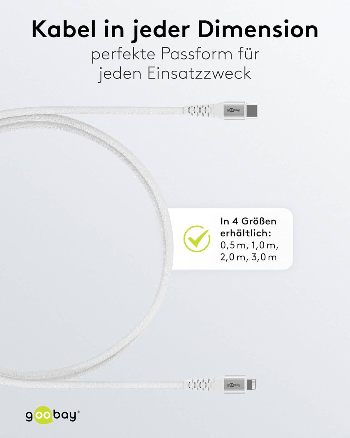 Goobay 74521 Lightning auf USB C Ladekabel 60W / softes Textilkabel 480 Mbits / USB 2.0 / Weiß / 3m-3