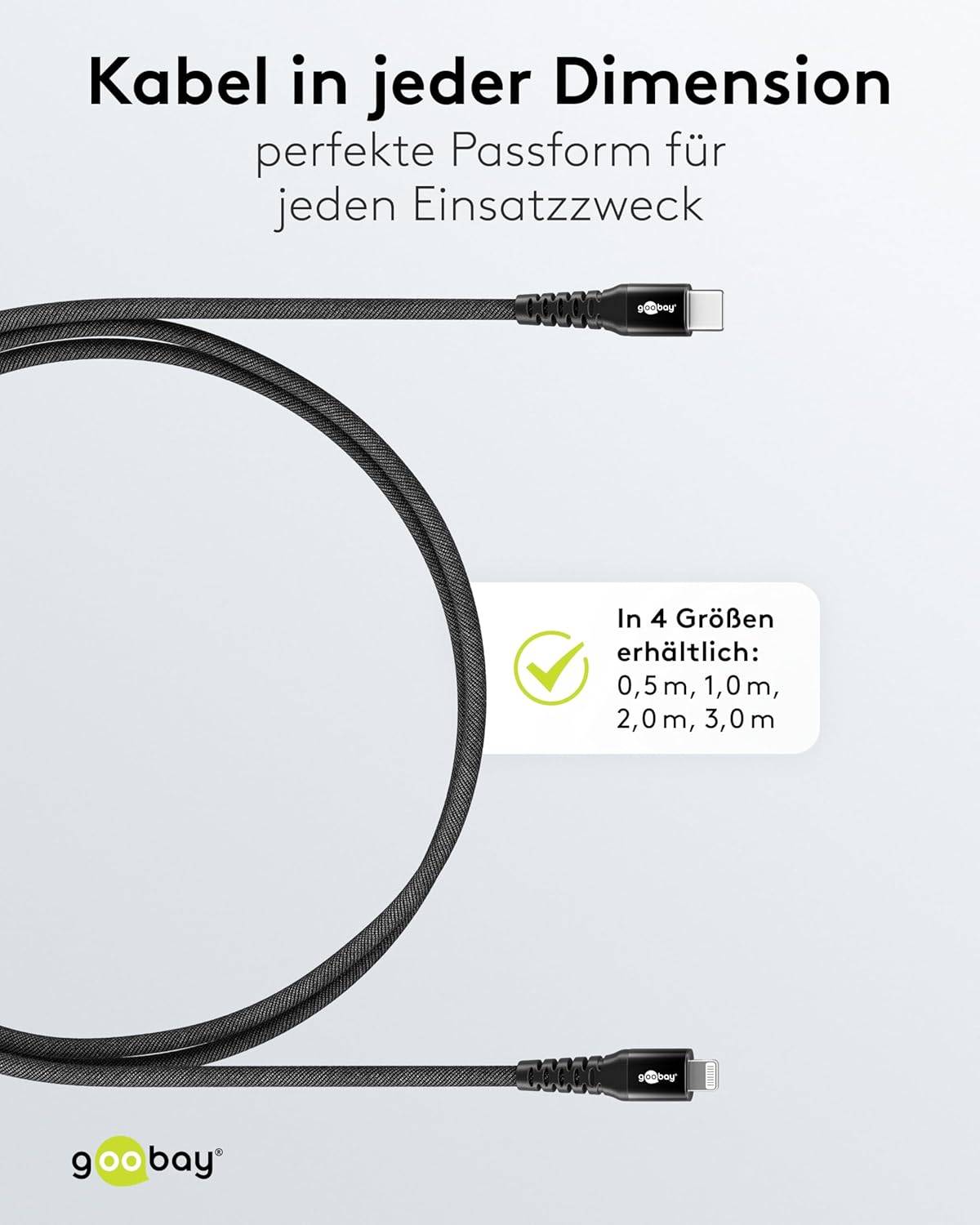 Goobay 74514 Lightning auf USB C Ladekabel 60W / softes Textilkabel 480 Mbits / USB 2.0 / Schwarz / 0.5m-3