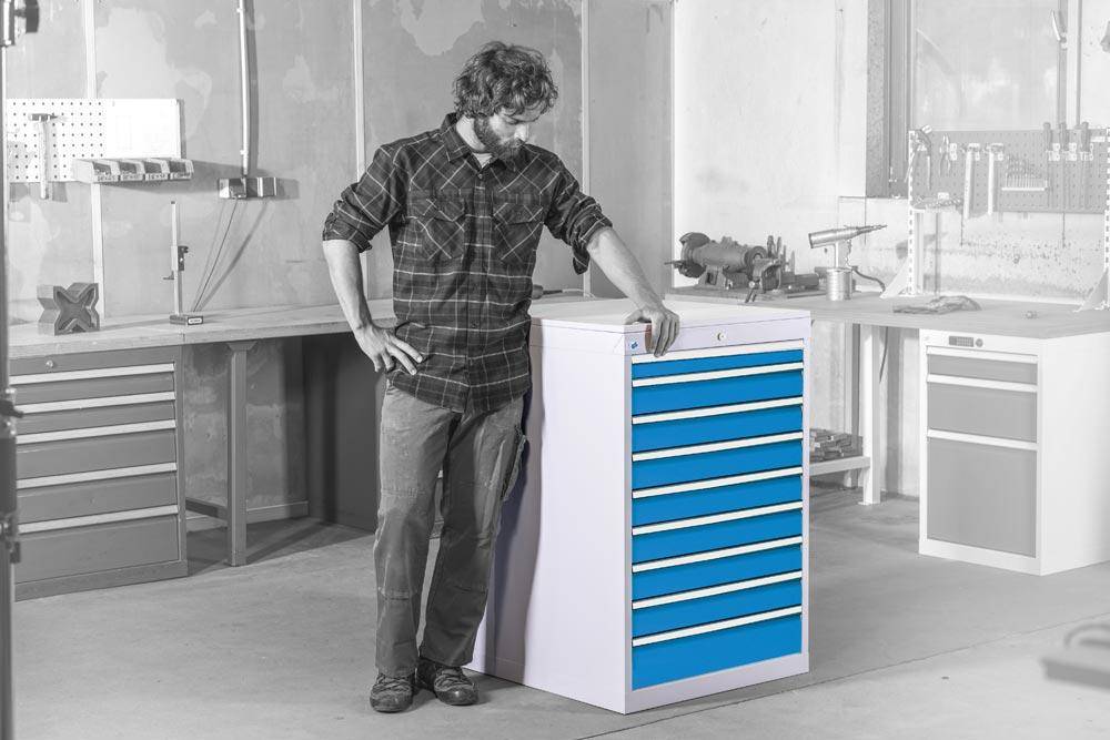 Schubladenschrank, 5 Schubladen: 2x100,2x150,1x200mm, Zylinderschloss, BxTxH555x736x819mm, RAL7035/5012-1