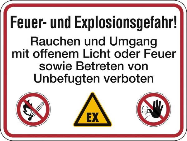 Hinweisschild, Brandschutzkennzeichnung, Feuer und Explosionsgefahr, Alu, 400x300 mm