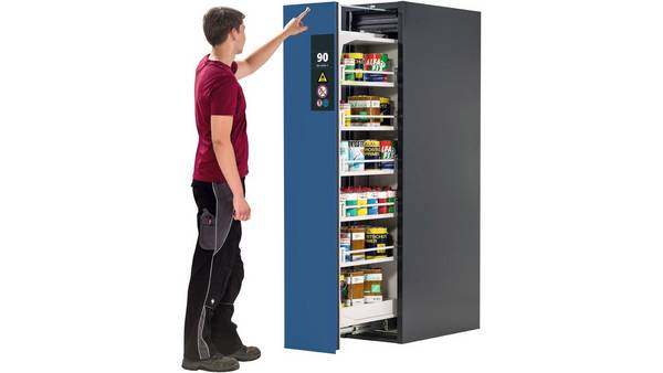 Gefahrstoffschrank, Sicherheitsschrank mit Vertikalauszug, Typ 90, BxTxH 450x860x1966 mm, 4xFachboden, 1xLochblecheinsat