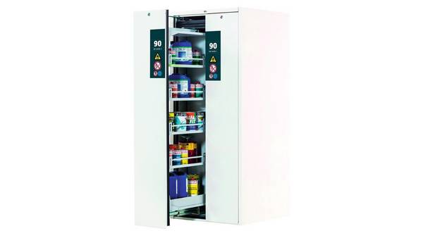 Gefahrstoffschrank, Sicherheitsschrank mit Vertikalauszug, Typ 90, BxTxH 450x860x1966 mm, 4xFachboden, 1xLochblecheinsat