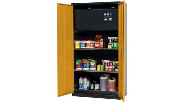Gefahrstoffschrank, Chemikalienschrank mit Sicherheitsbox - Flügeltüren, goldgelb - 2 Fachböden - Lochblecheinsatz - 1.9