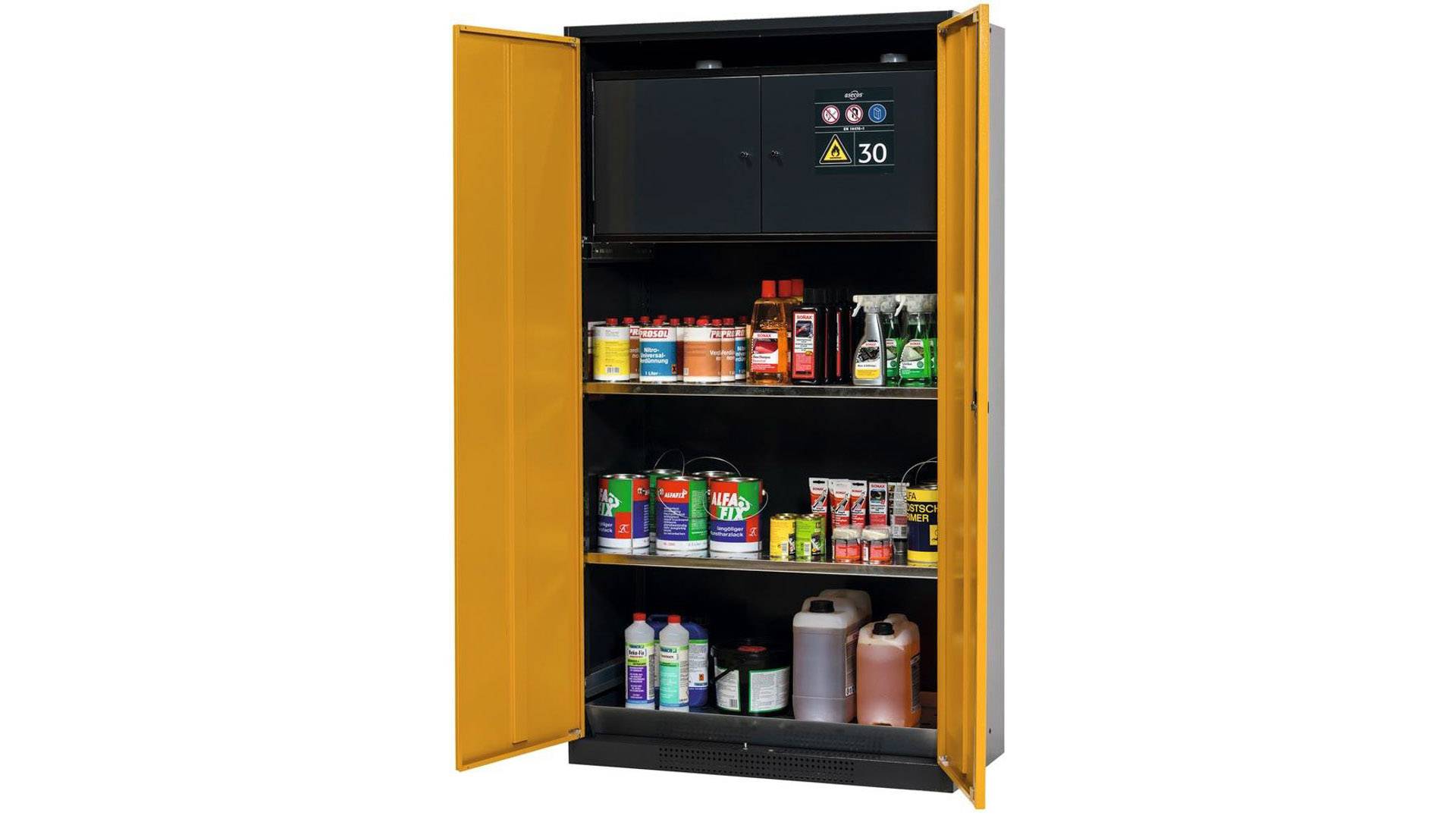 Gefahrstoffschrank, Chemikalienschrank mit Sicherheitsbox - Flügeltüren, goldgelb - 2 Fachböden - Lochblecheinsatz - 1.9-0