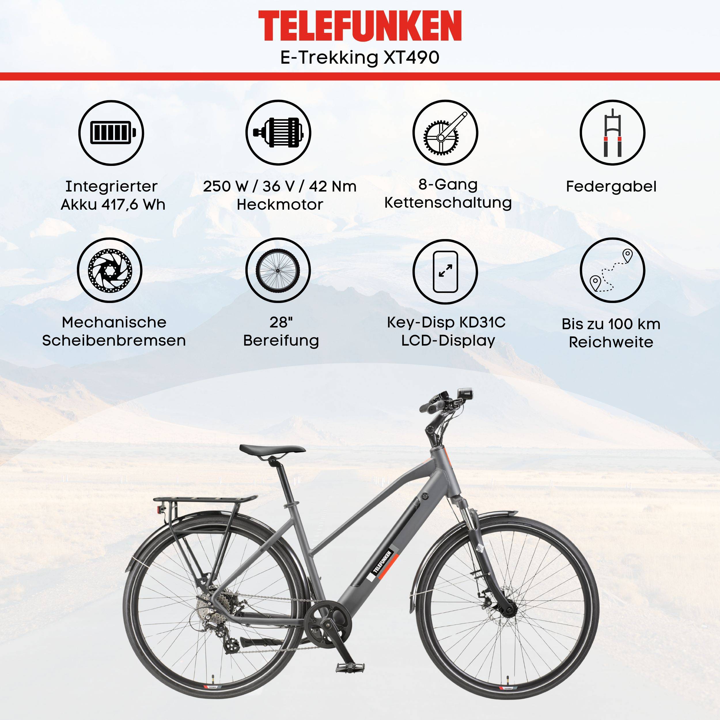 Telefunken Trekking E-Bike | Elektrofahrrad 28 Zoll | 8-Gang Kettenschaltung | Heckmotor 250W | 417,6Wh Akku | Pedelec-4