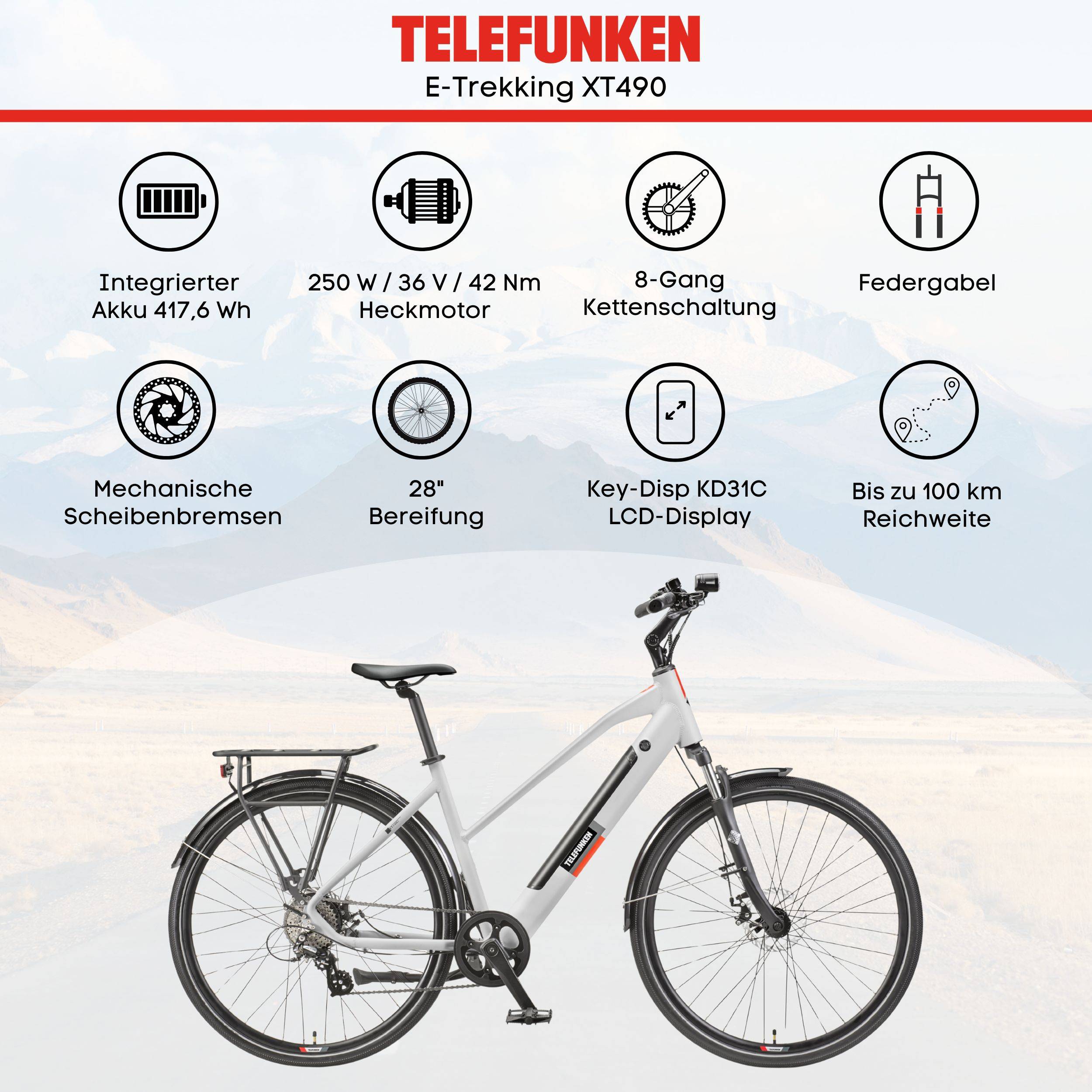 Telefunken Trekking E-Bike | Elektrofahrrad 28 Zoll | 8-Gang Kettenschaltung | Heckmotor 250W | 417,6Wh Akku | Pedelec-4