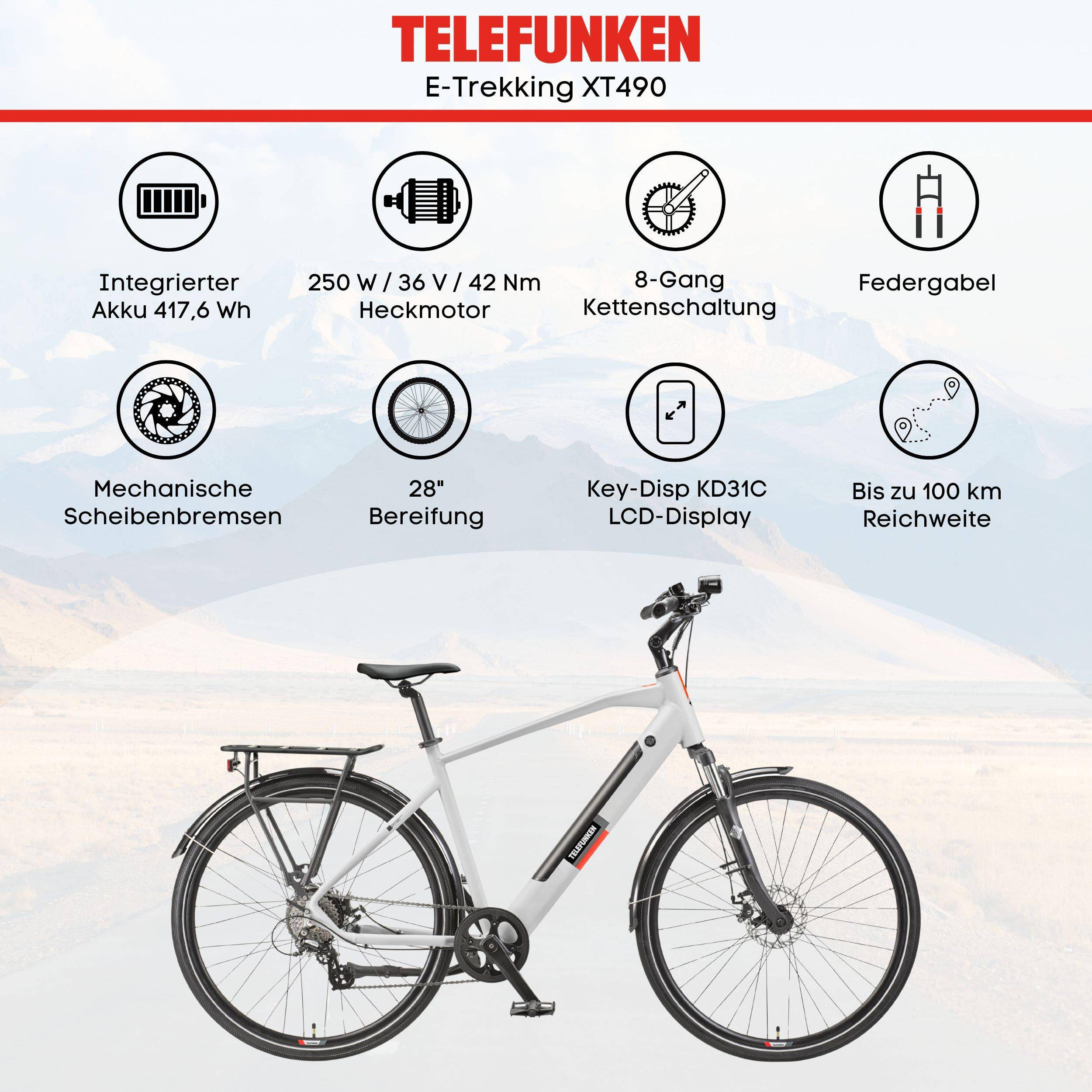 Telefunken Trekking E-Bike | Elektrofahrrad 28 Zoll | 8-Gang Kettenschaltung | Heckmotor 250W | 417,6Wh Akku | Pedelec-4
