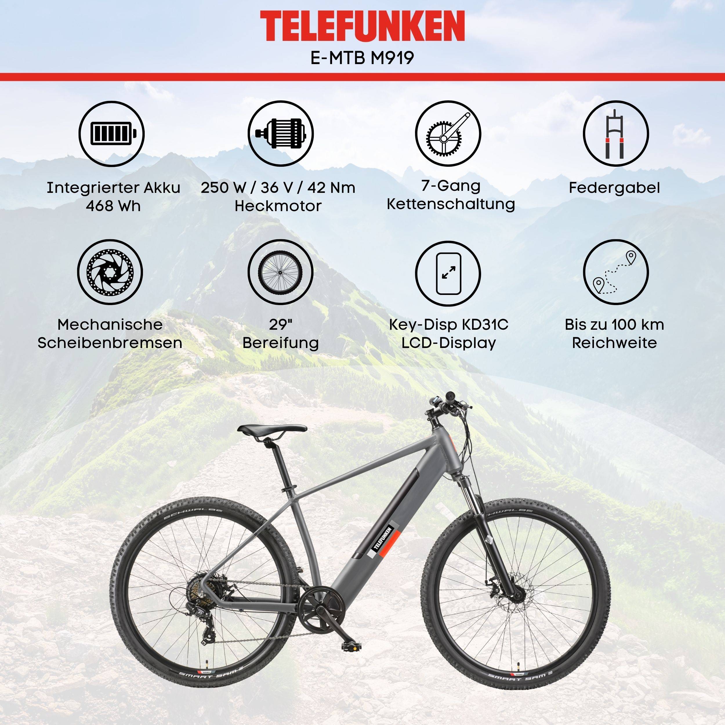 Telefunken MTB E-Bike Mountainbike | Elektrofahrrad 29 Zoll | Kettenschaltung | Heckmotor | 468 Wh Akku | EBike Pedelec-4