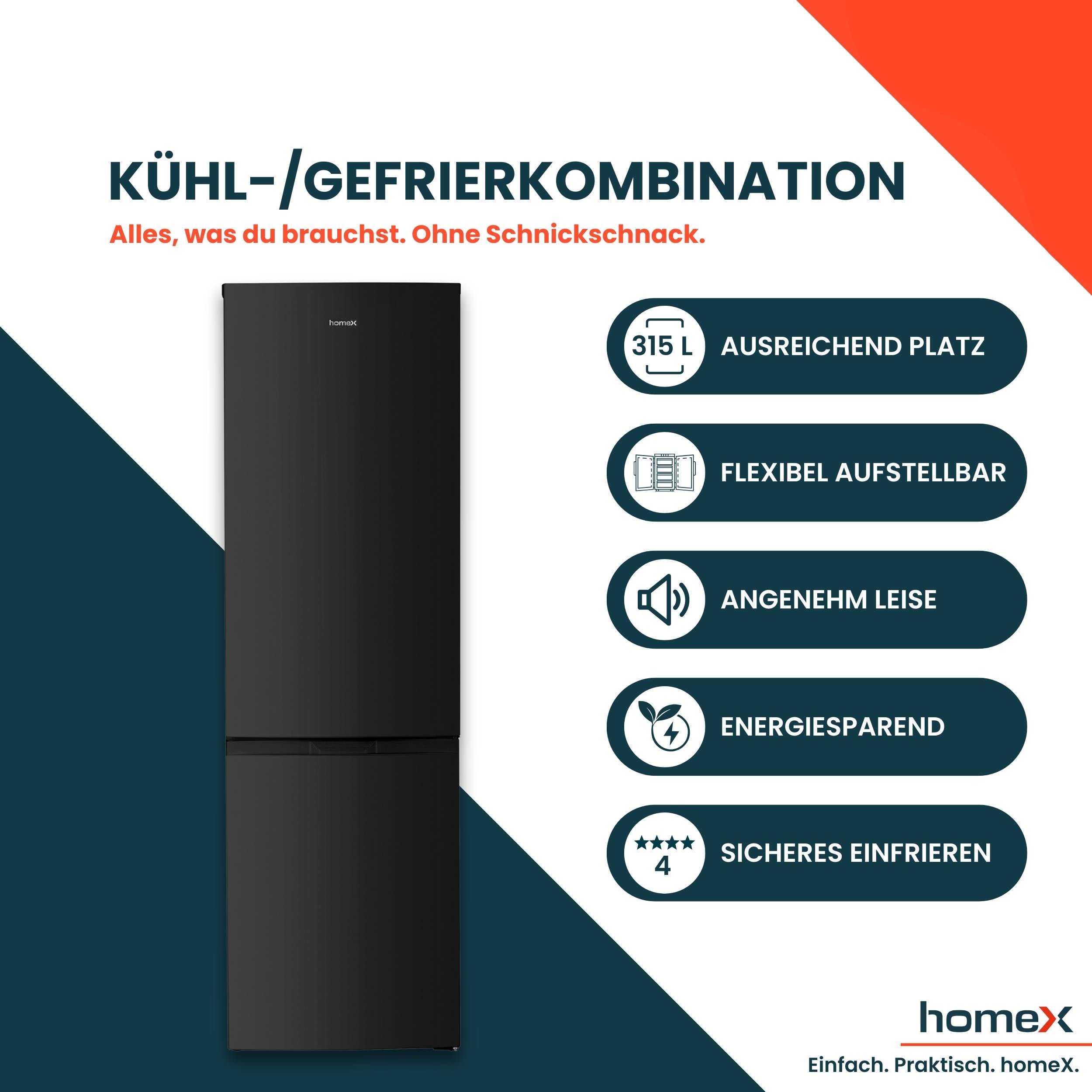 homeX Kühlschrank mit Gefrierfach, Kühl-Gefrierkombination freistehend, groß - 315 L, Super-Frost-Funktion, CFS3151C-B-1