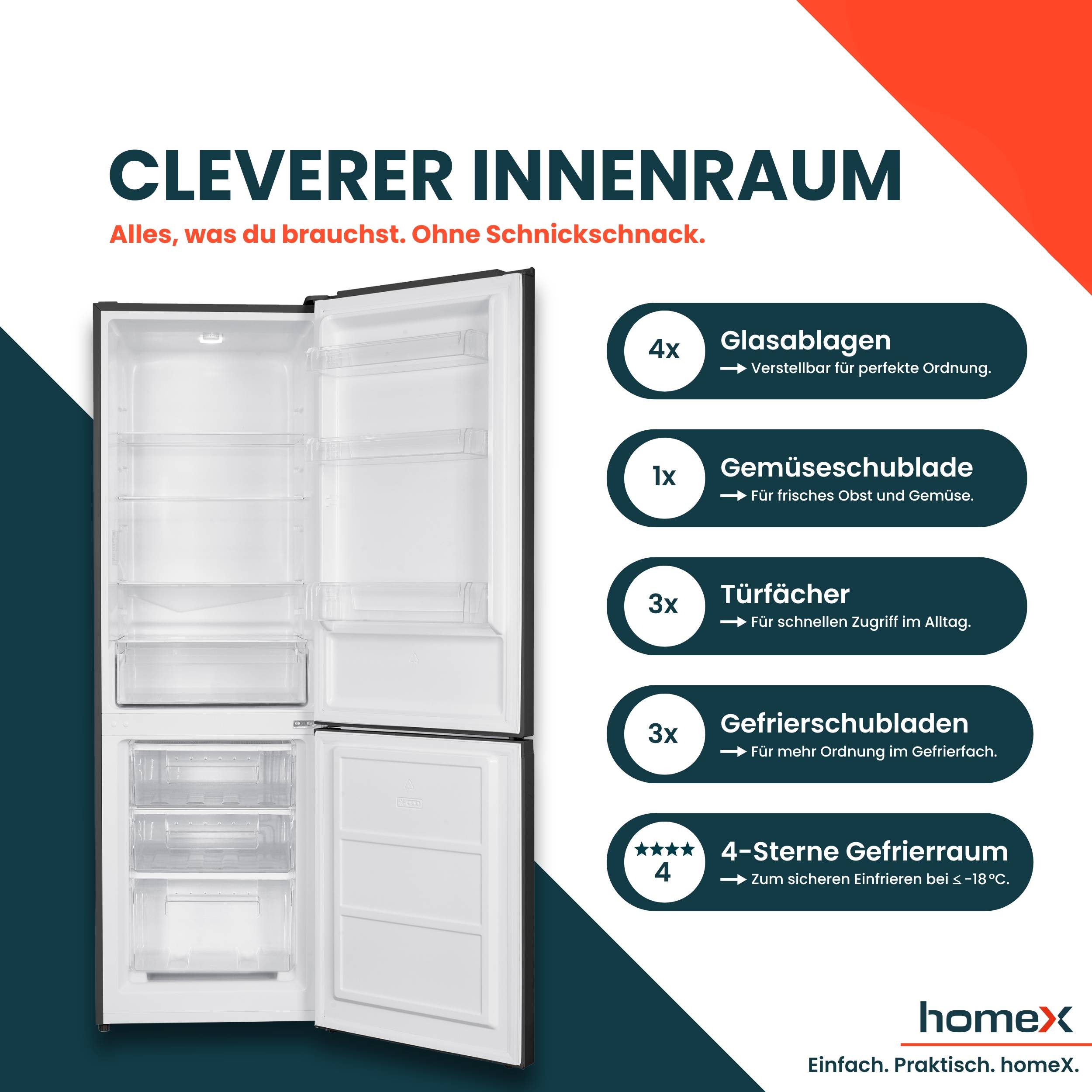 homeX Kühlschrank mit Gefrierfach, Kühl-Gefrierkombination freistehend, groß - 315 L, Super-Frost-Funktion, CFS3151C-B-2
