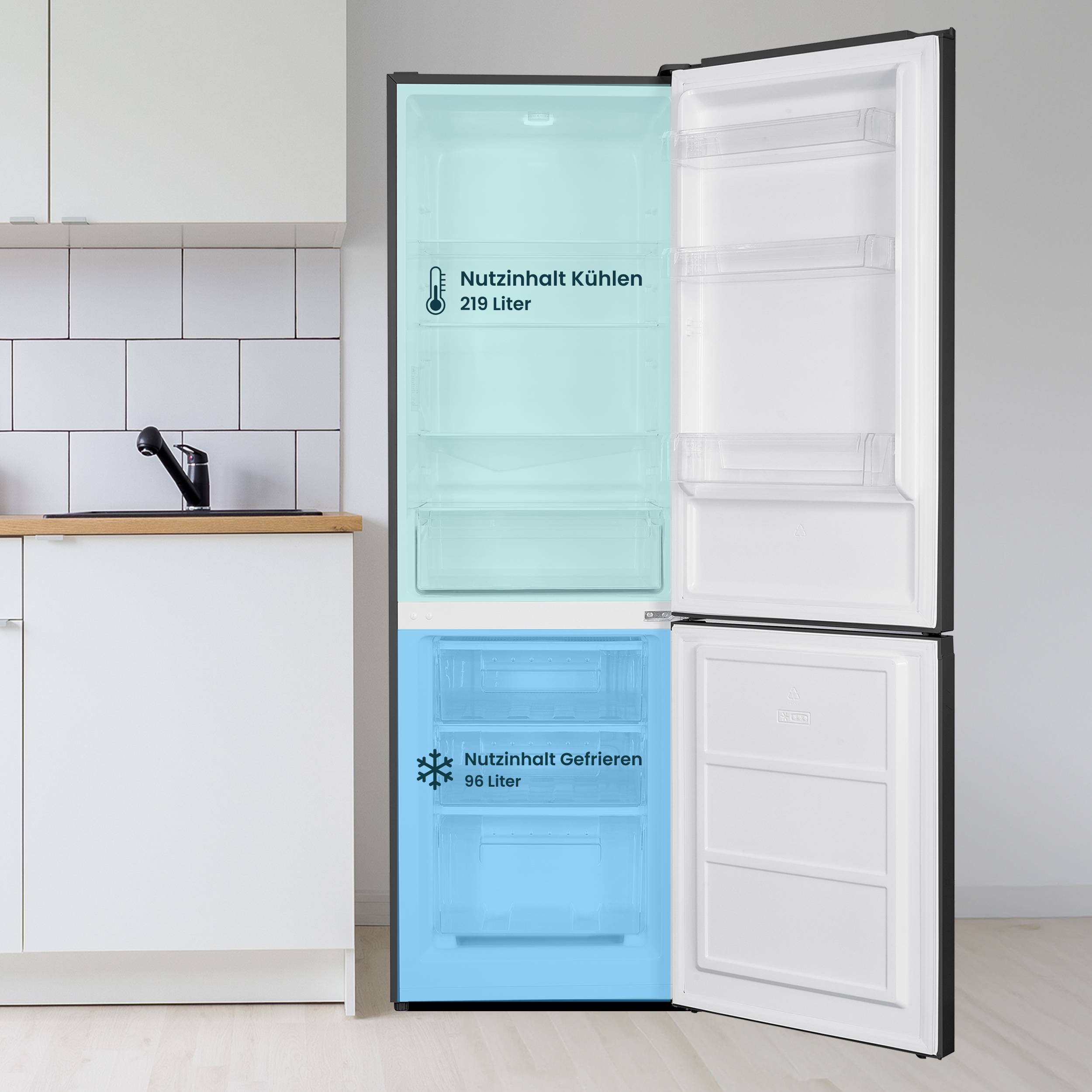 homeX Kühlschrank mit Gefrierfach, Kühl-Gefrierkombination freistehend, groß - 315 L, Super-Frost-Funktion, CFS3151C-B-3