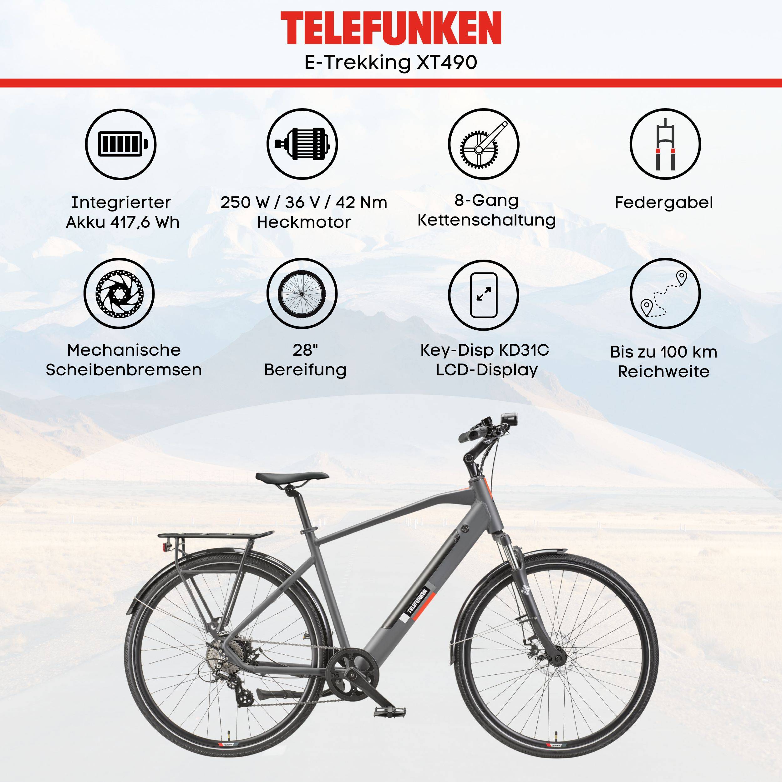Telefunken Trekking E-Bike | Elektrofahrrad 28 Zoll | 8-Gang Kettenschaltung | Heckmotor 250W | 417,6Wh Akku | Pedelec-4