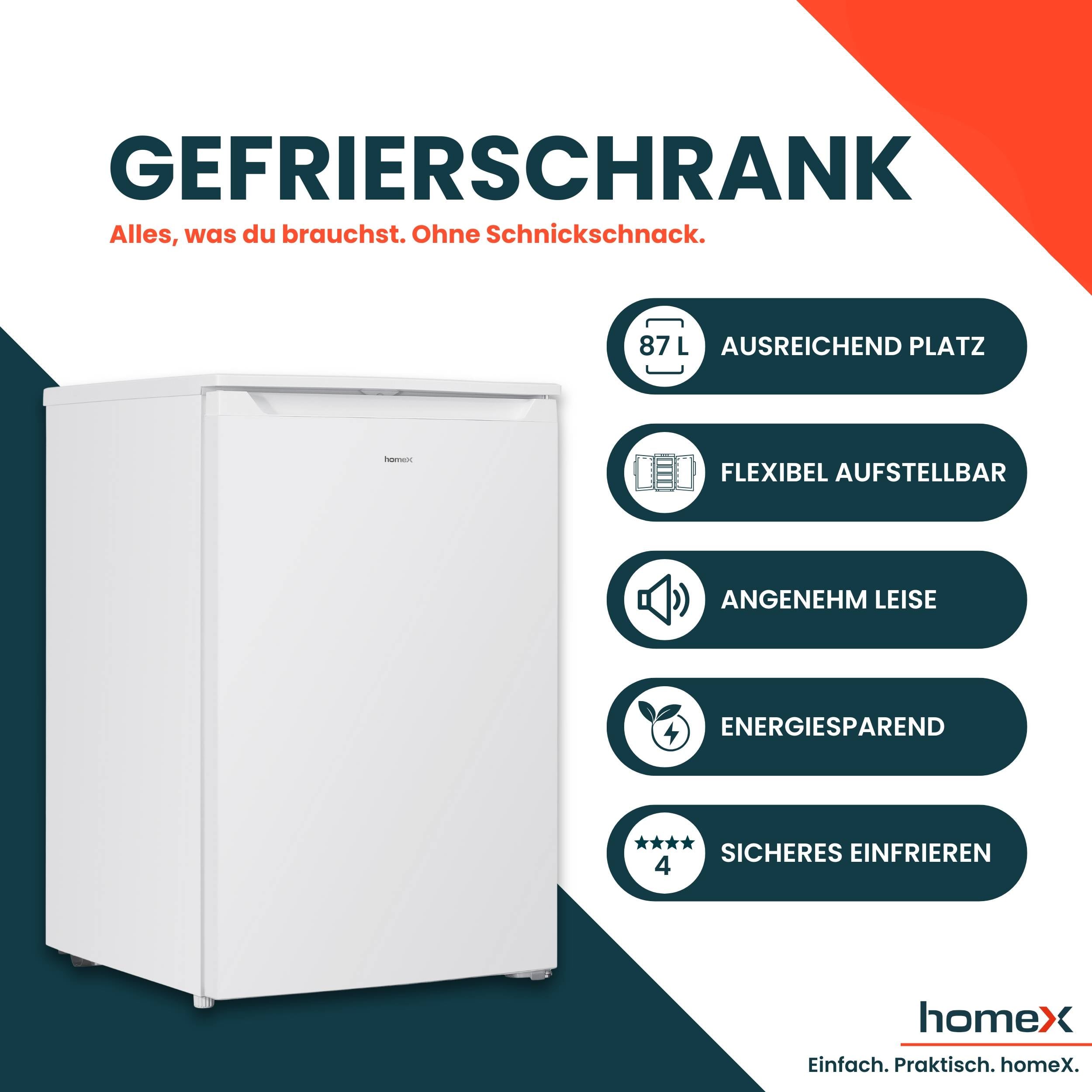 homeX Gefrierschrank, Tiefkühlschrank klein - 87 Liter, 4-Sterne Gefrieren, kompakt und freistehend, weiß, FS871E-W-1