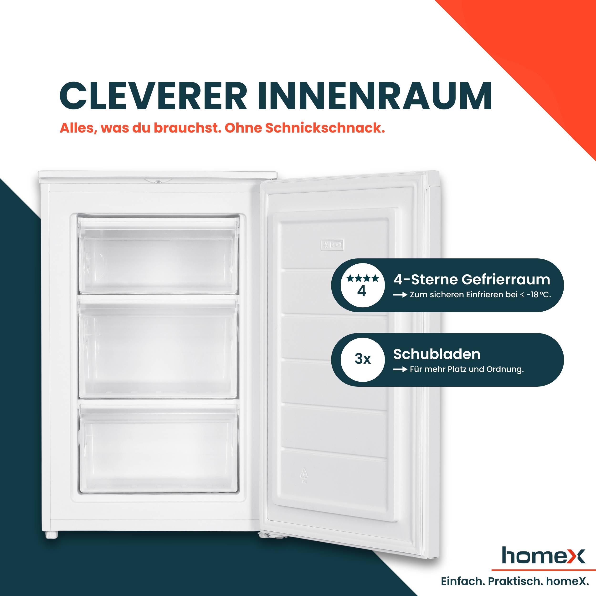 homeX Gefrierschrank, Tiefkühlschrank klein - 87 Liter, 4-Sterne Gefrieren, kompakt und freistehend, weiß, FS871E-W-2