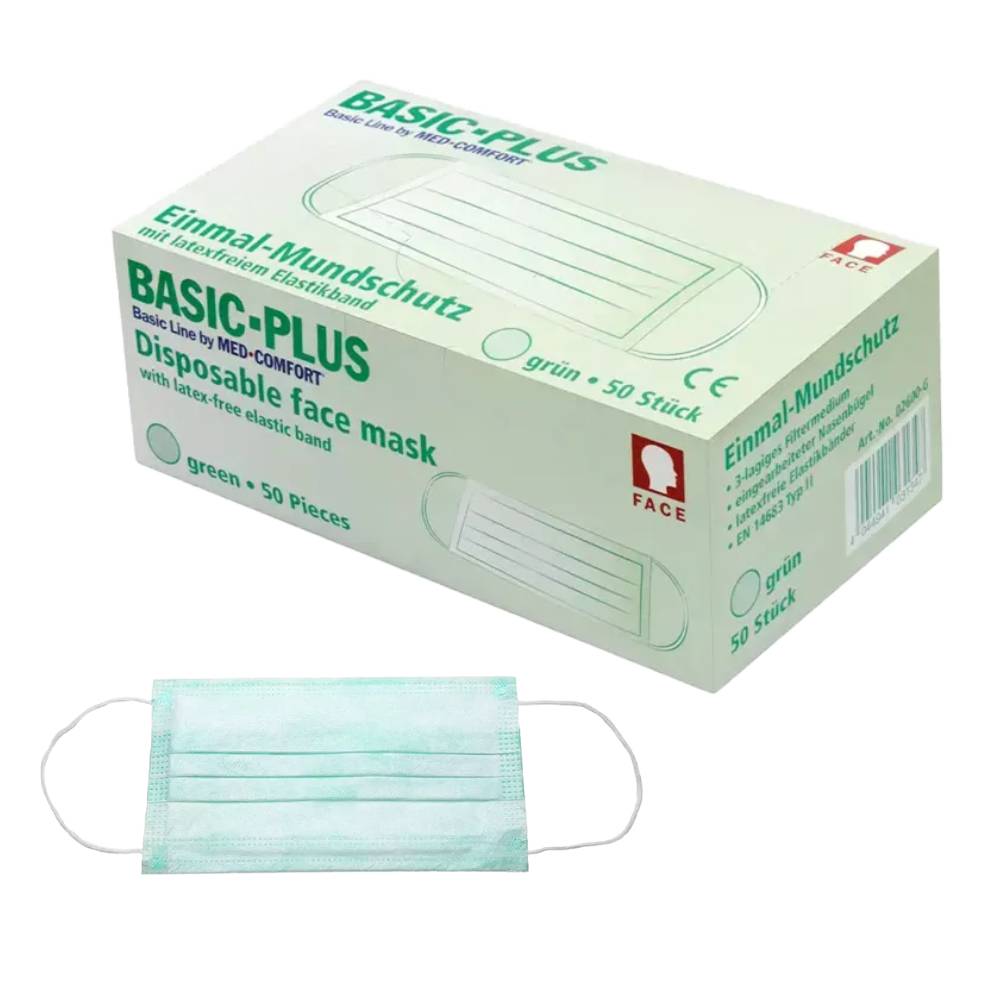 BASIC PLUS Mundschutz 3-lg. Typ II - grün | Box (50 Stück)-0