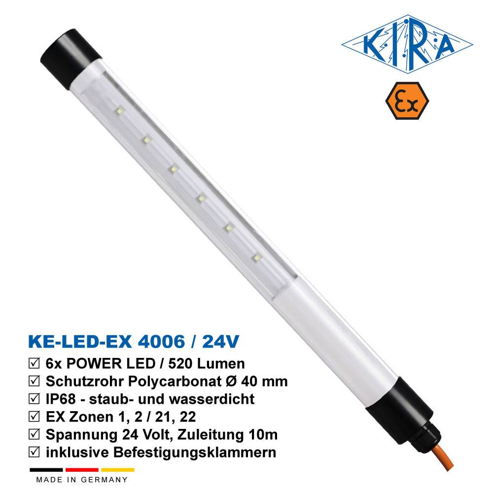 KIRA KE-LED-EX 4006-O/ 24-10-0 IP68 Rohrleuchte mit EX-Schutz EX Zone 1,2,21,22 24 Volt 520 lm-3