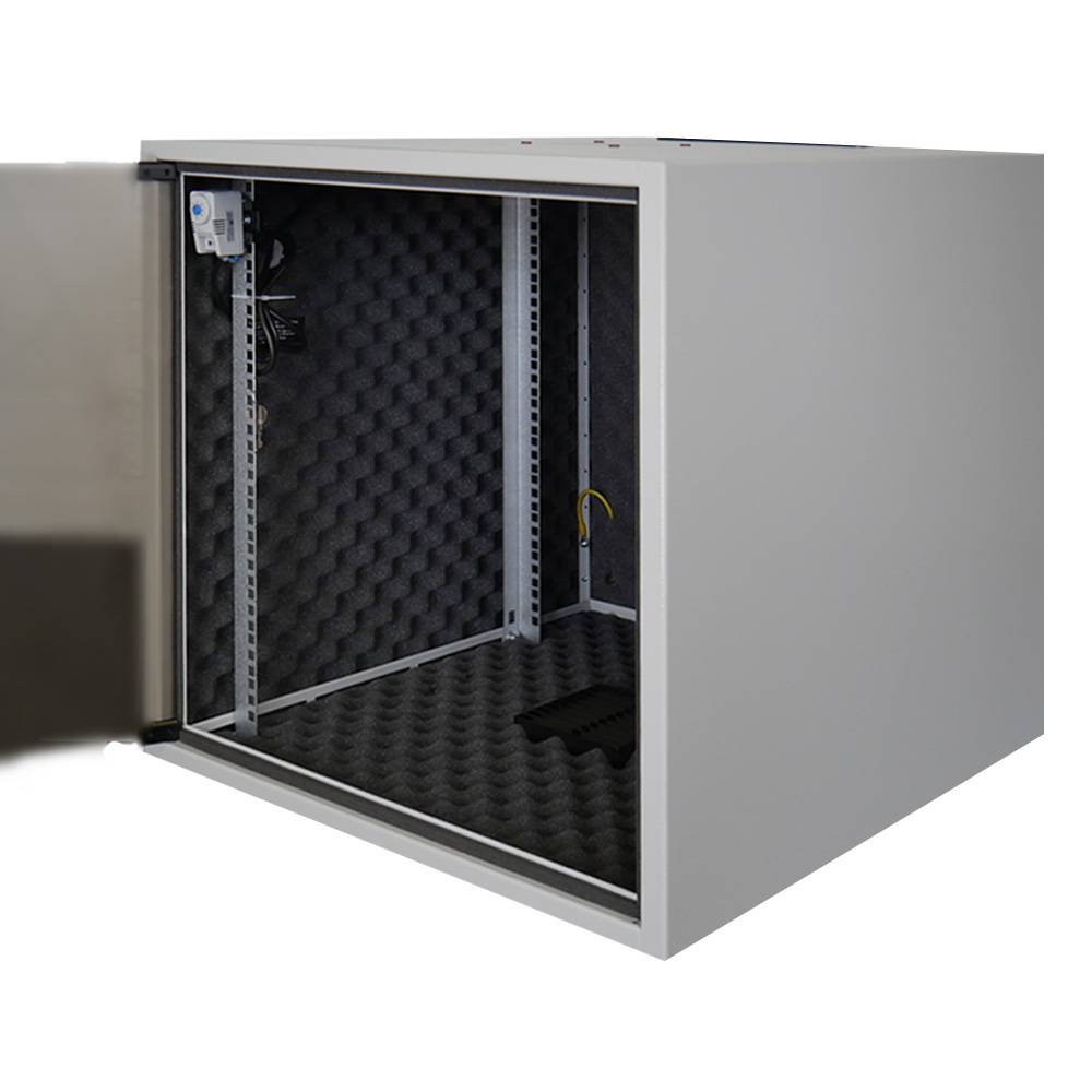19 Zoll Schrank SILENCE RACK Office 10 HE 600x600 mm schallgedämmt 1 Lüfter Glastür Lichtgrau-1