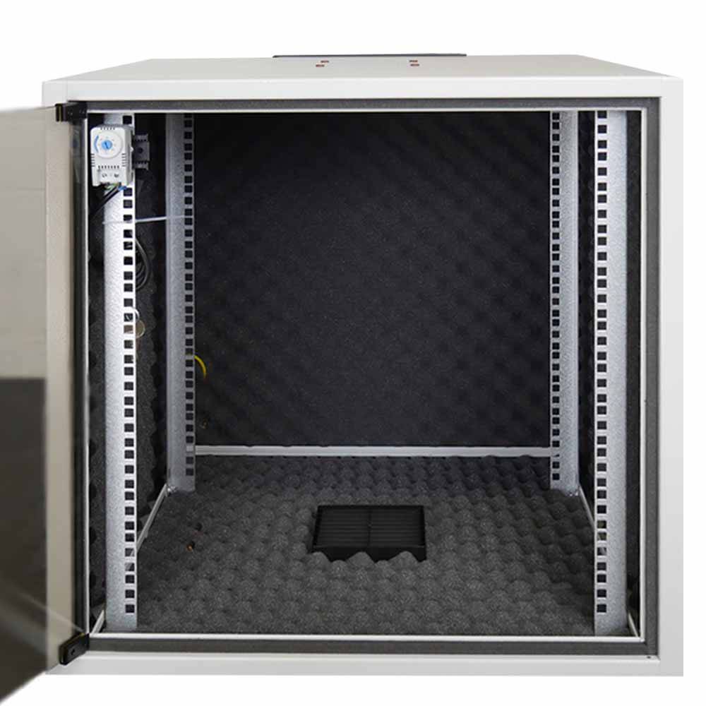 19 Zoll Schrank SILENCE RACK Office 10 HE 600x600 mm schallgedämmt 1 Lüfter Glastür Lichtgrau-2