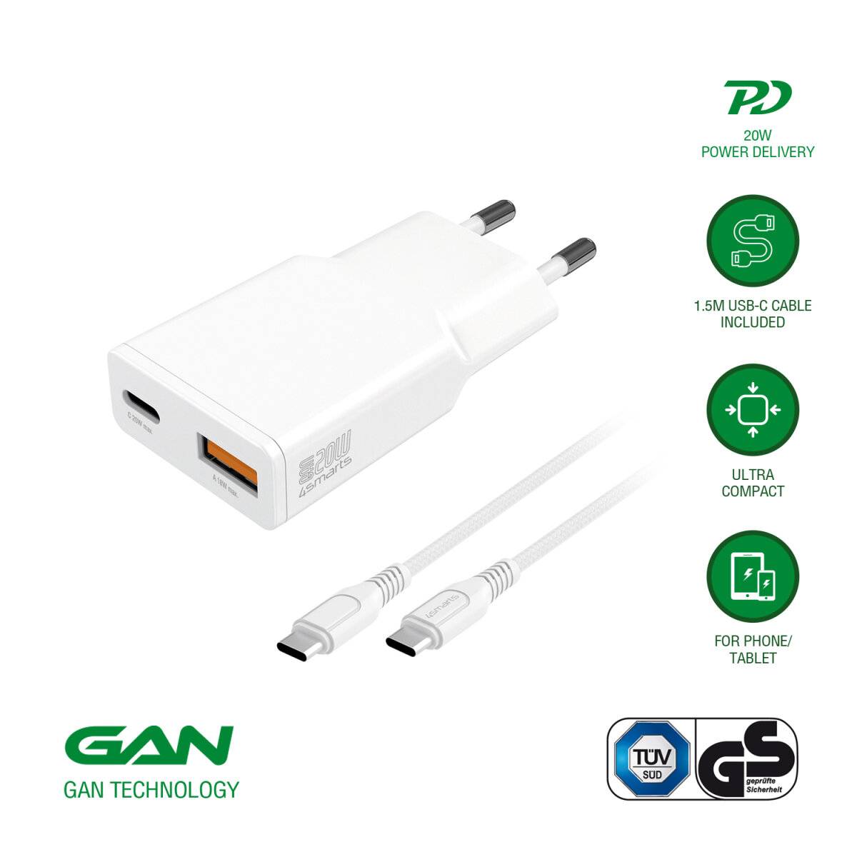 4smarts PDPlug Slim Duos - Netzteil - GaN - 20 Watt - 3 A - HiSilicon Fast Charging, SCP, QC 2.0, QC-1