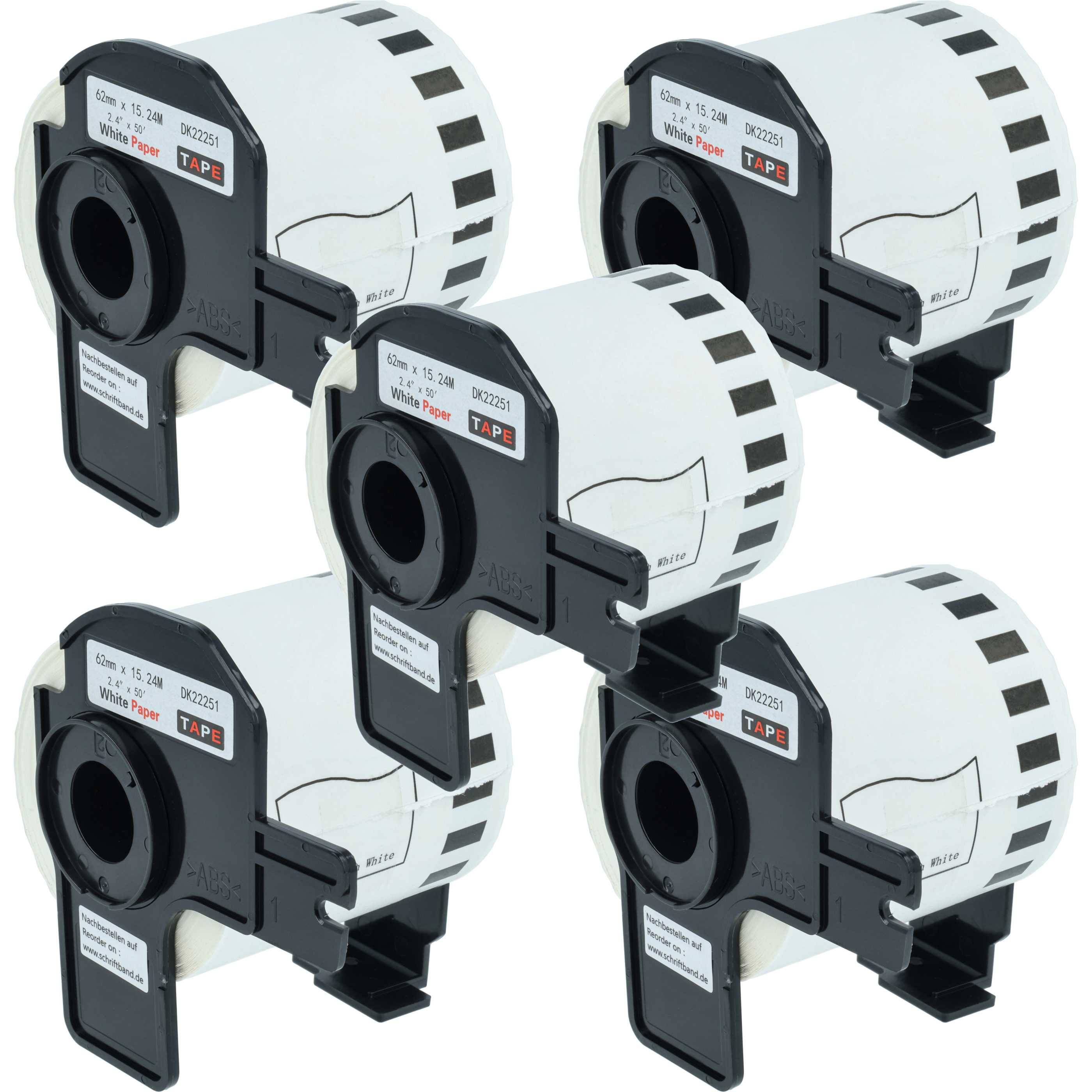 vhbw 5x Etiketten-Rolle mit Halter 62mm x 15,24m Ersatz für Brother DK-22251 für Etiketten-Drucker-0