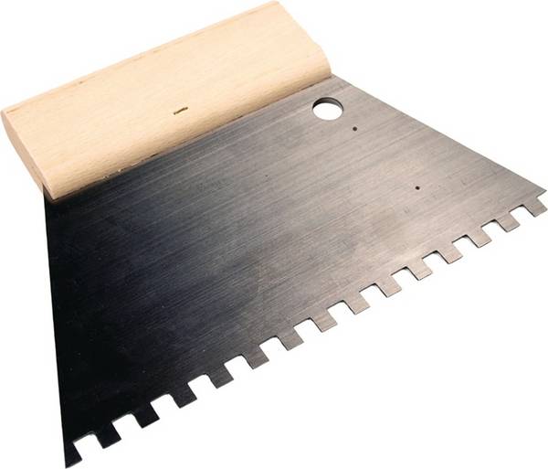 Kleberspachtel L.128mm B.180mm Zahn 6x6mm rostfr.VA C2 Buchenholzgriff HAROMAC