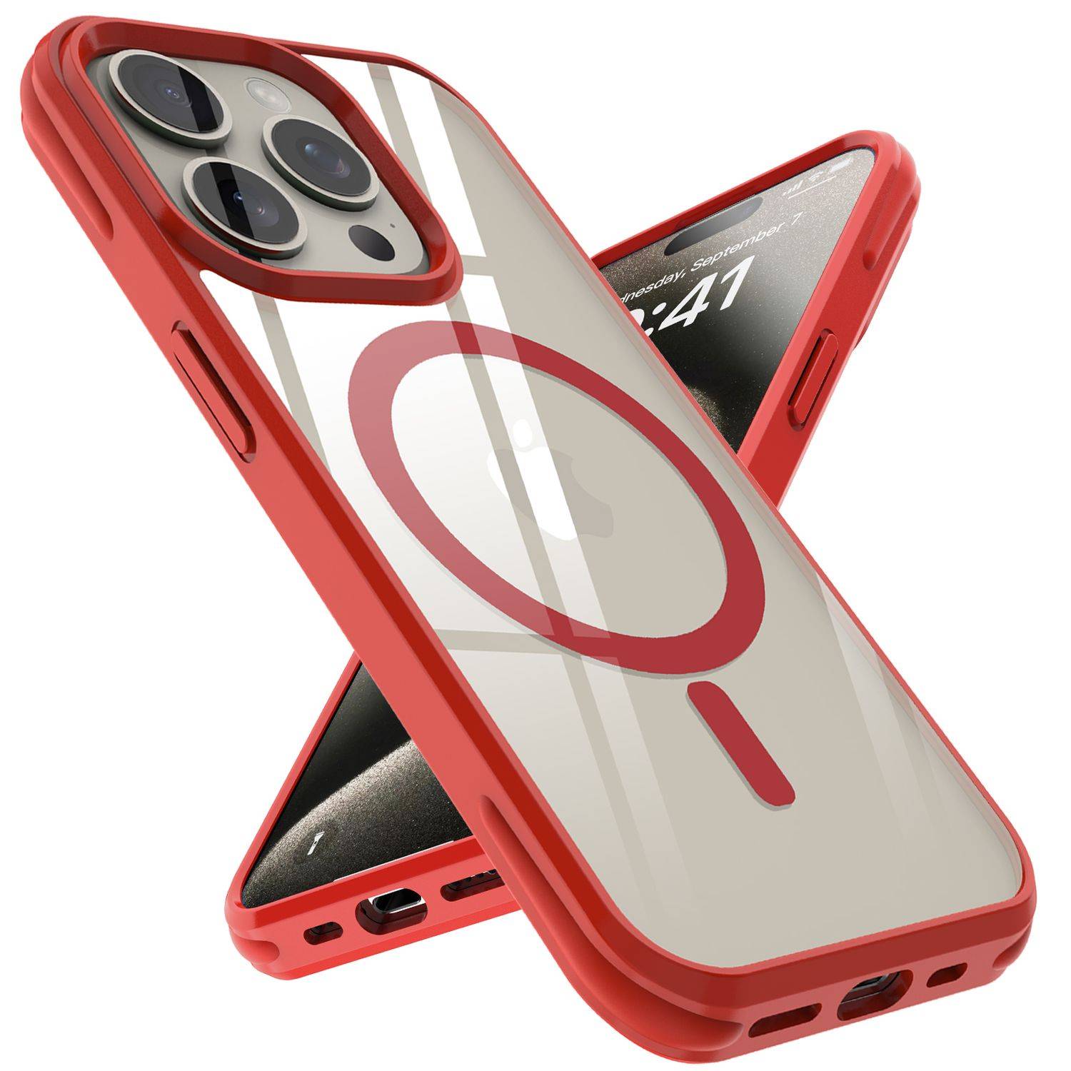 Cadorabo Hülle für Apple iPhone 15 PRO MAX Schutzhülle in Rot kompatibel mit MagSafe Handyhülle Transparente Rückseite-0