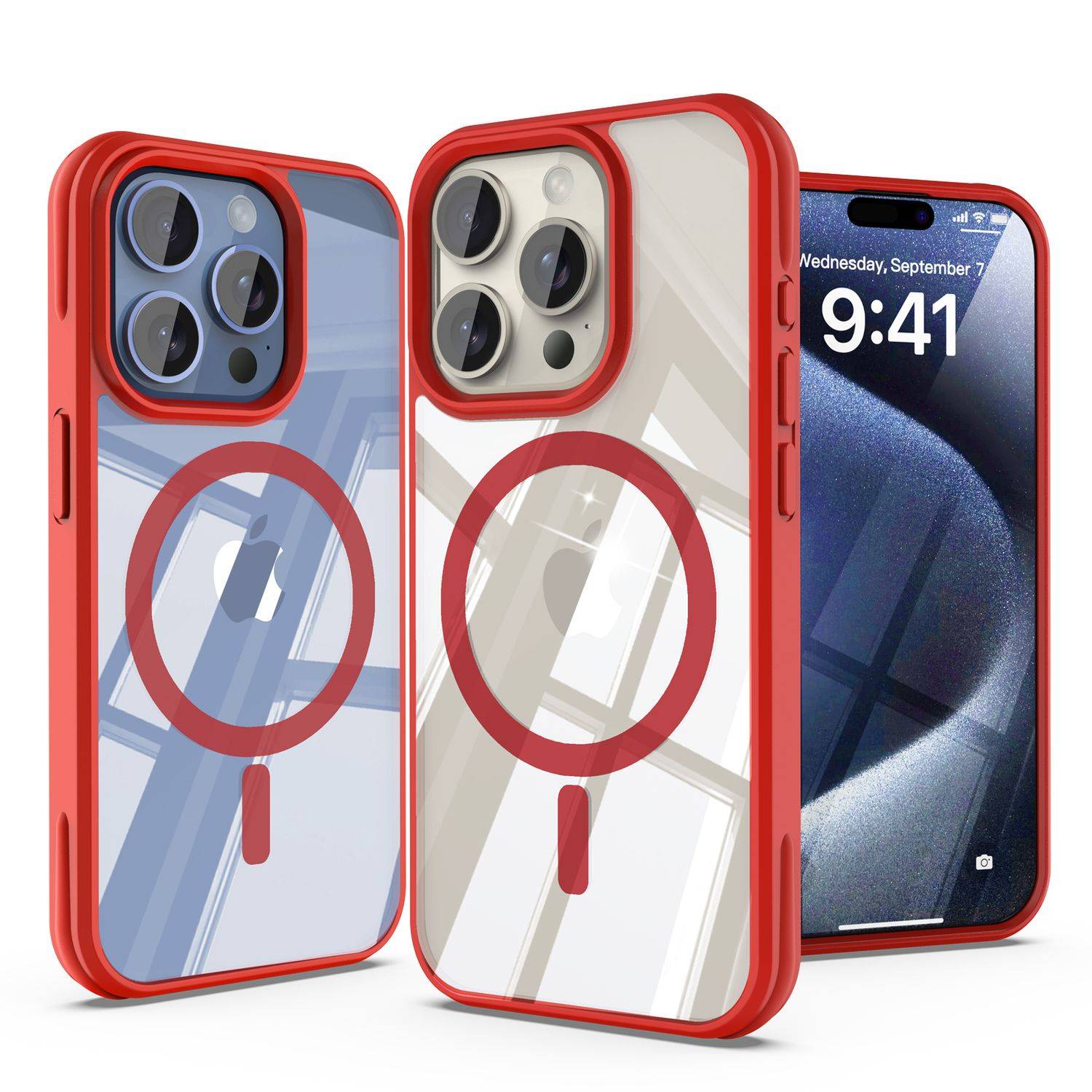 Cadorabo Hülle für Apple iPhone 15 PRO MAX Schutzhülle in Rot kompatibel mit MagSafe Handyhülle Transparente Rückseite-1