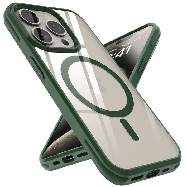 Cadorabo Hülle für Apple iPhone 15 PRO MAX Schutzhülle in Dunkelgrün kompatibel mit MagSafe Handyhülle Transparente