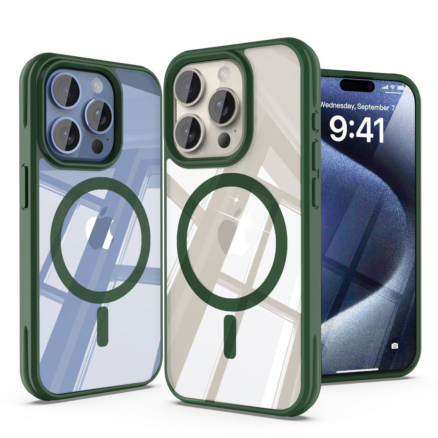 Cadorabo Hülle für Apple iPhone 15 PRO MAX Schutzhülle in Dunkelgrün kompatibel mit MagSafe Handyhülle Transparente-1