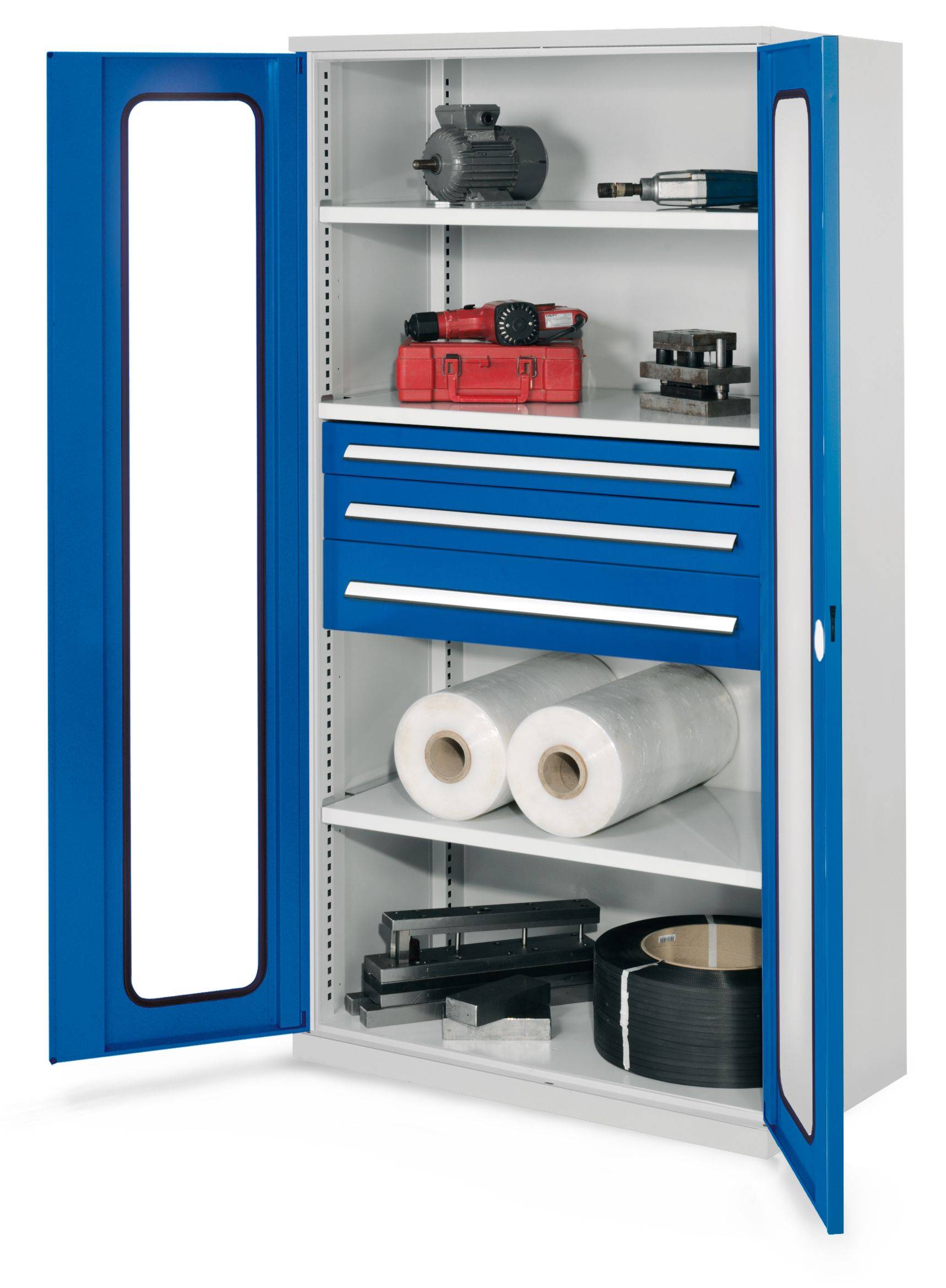 Schwerlastschrank 1950x1000x600 mm mit Sichtfenster und 3 Schubladen Enzianblau-0
