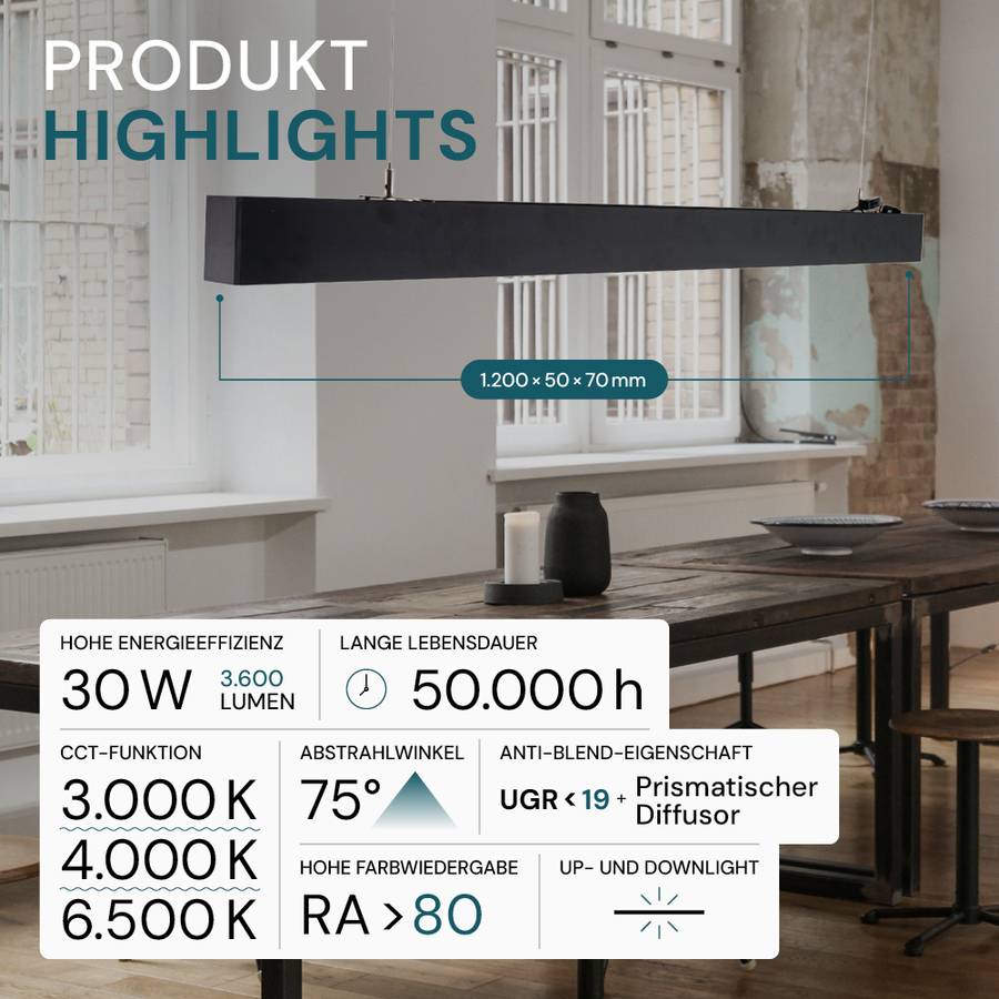 LUXULA 3er-Set LED Büro- Und Tresenleuchte 30W 3000-6500K Warm- Kaltweiß Hängeleuchte Schwarz Up&Down Erweiterbar 120cm-1