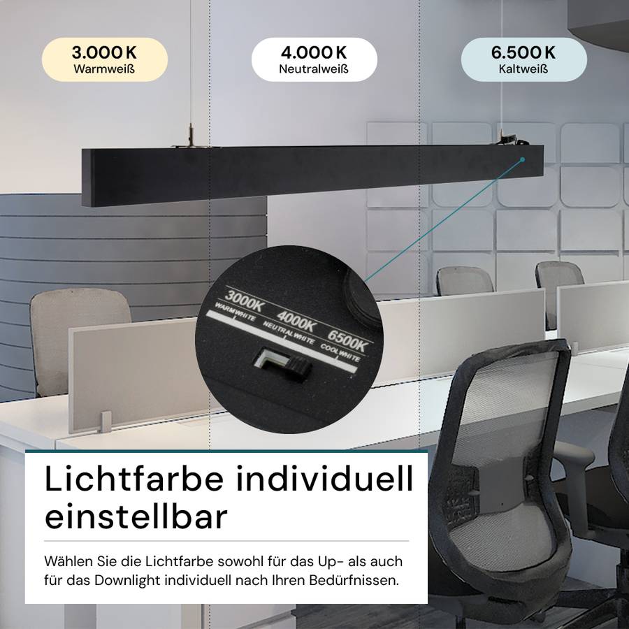 LUXULA 3er-Set LED Büro- Und Tresenleuchte 30W 3000-6500K Warm- Kaltweiß Hängeleuchte Schwarz Up&Down Erweiterbar 120cm-3