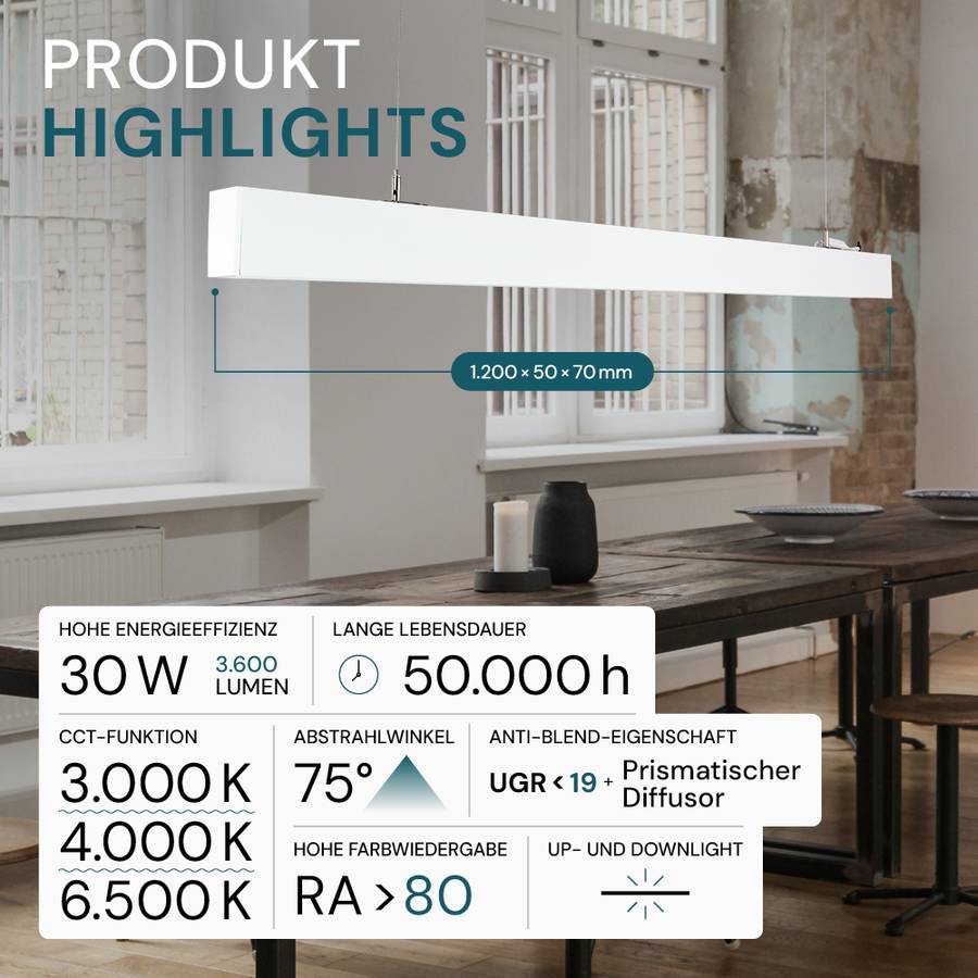 LUXULA 3er-Set LED Büro- Und Tresenleuchte 30W 3000-6500K Warm- Kaltweiß Hängeleuchte Weiß Up&Down Erweiterbar 120cm-1