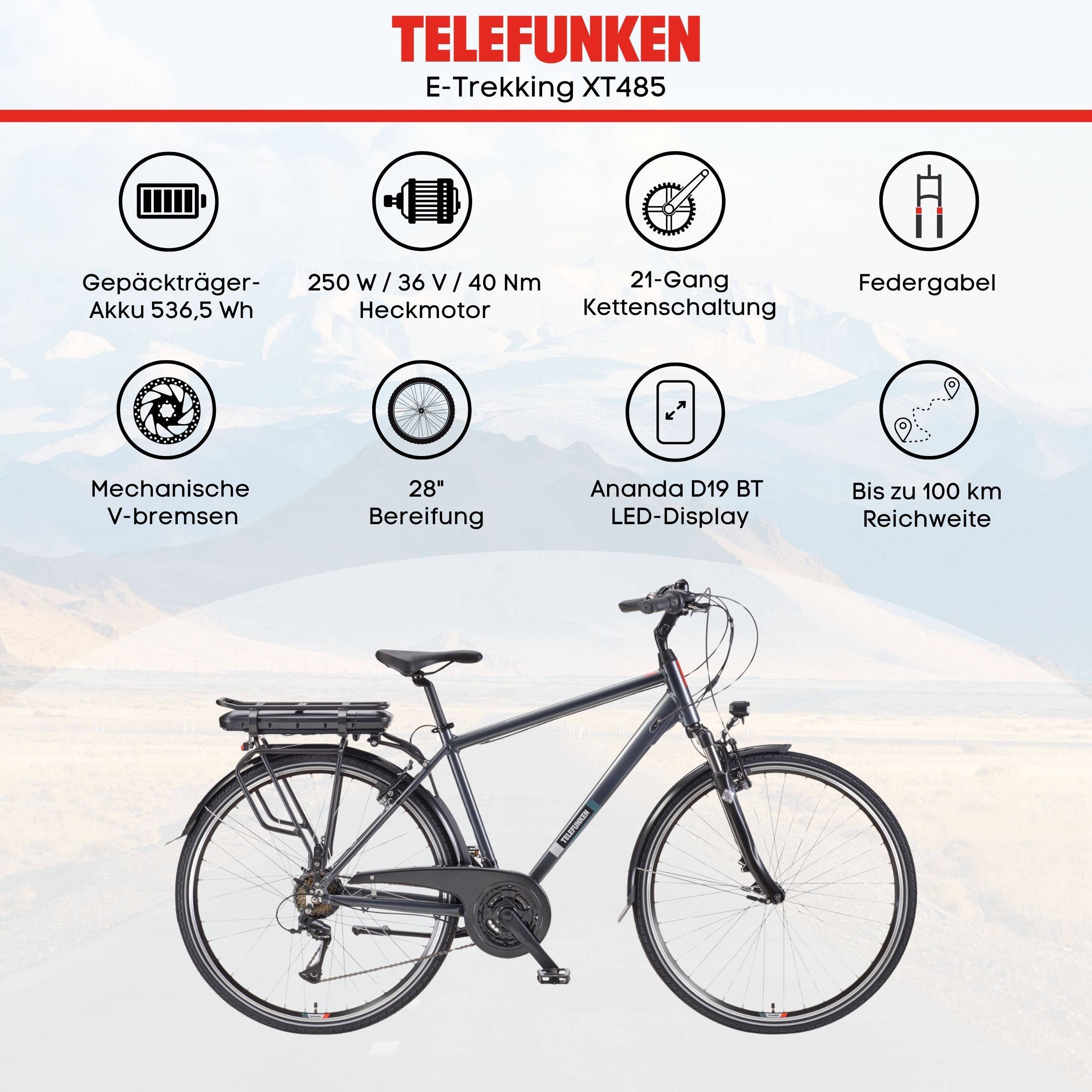 Telefunken Trekking E-Bike | Elektrofahrrad 28 Zoll | 21-Gang Kettenschaltung | Heckmotor 250W | 536,5Wh Akku | Pedelec-4