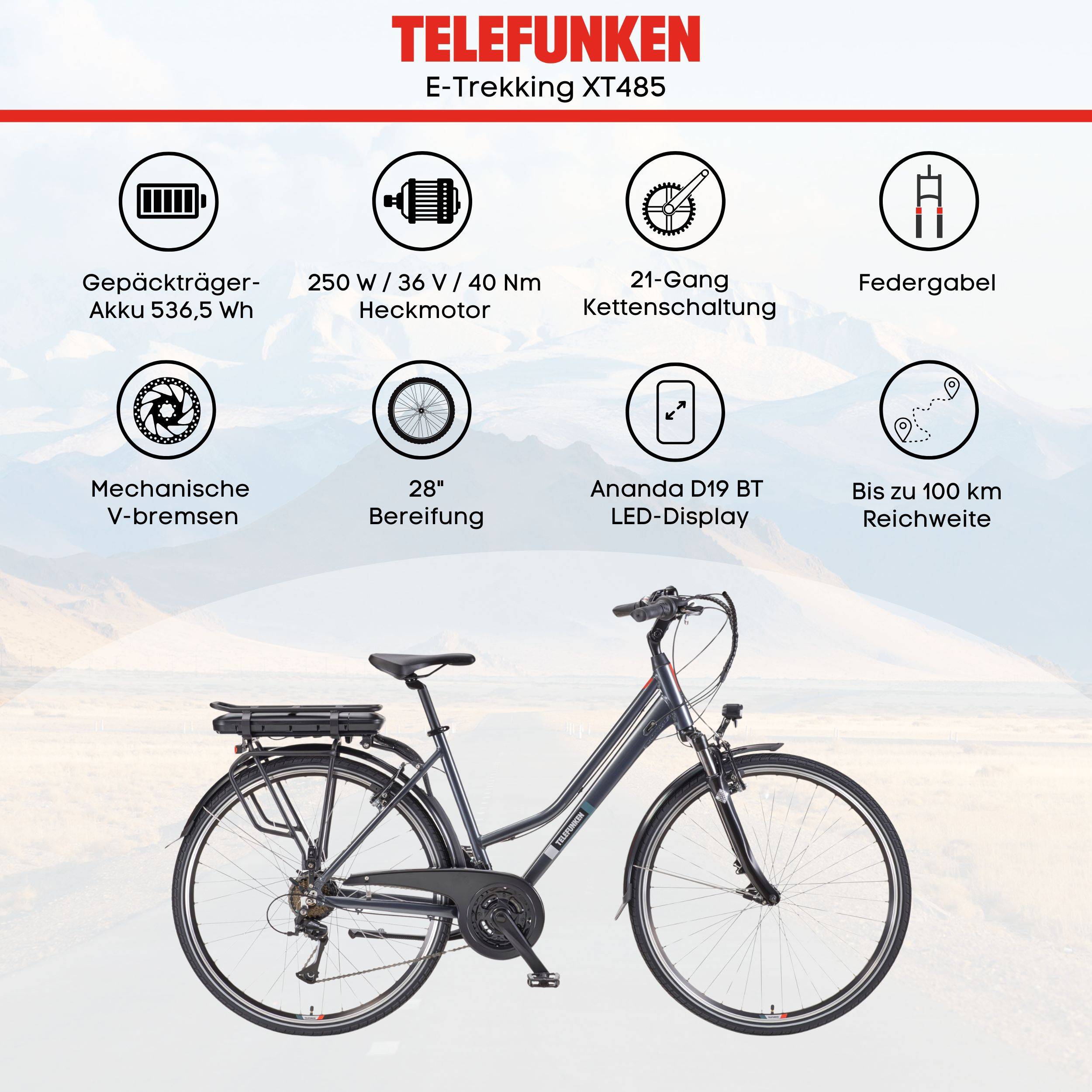 Telefunken Trekking E-Bike | Elektrofahrrad 28 Zoll | 21-Gang Kettenschaltung | Heckmotor 250W | 536,5Wh Akku | Pedelec-4